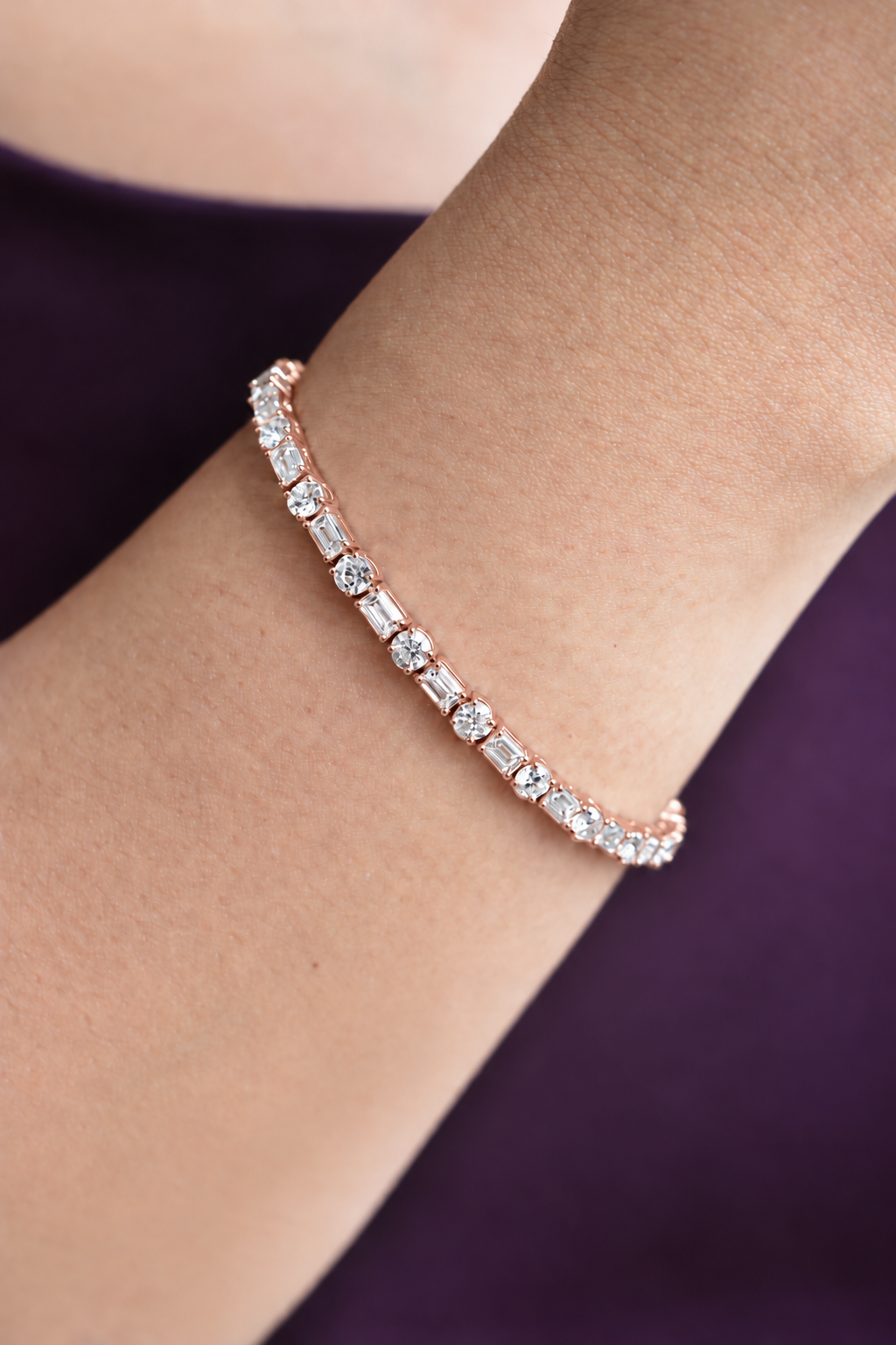 Verona round and emerald-cut diamond tennis bracelet in rose gold, by August Bespoke Singapore