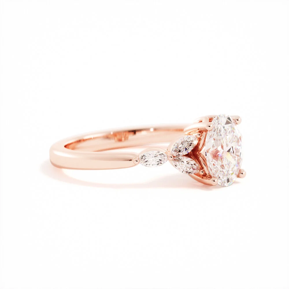 August Bespoke Kalina Oval Cut Diamond Ring with Marquise Accent Diamonds in Rose Gold Side View.jpg
