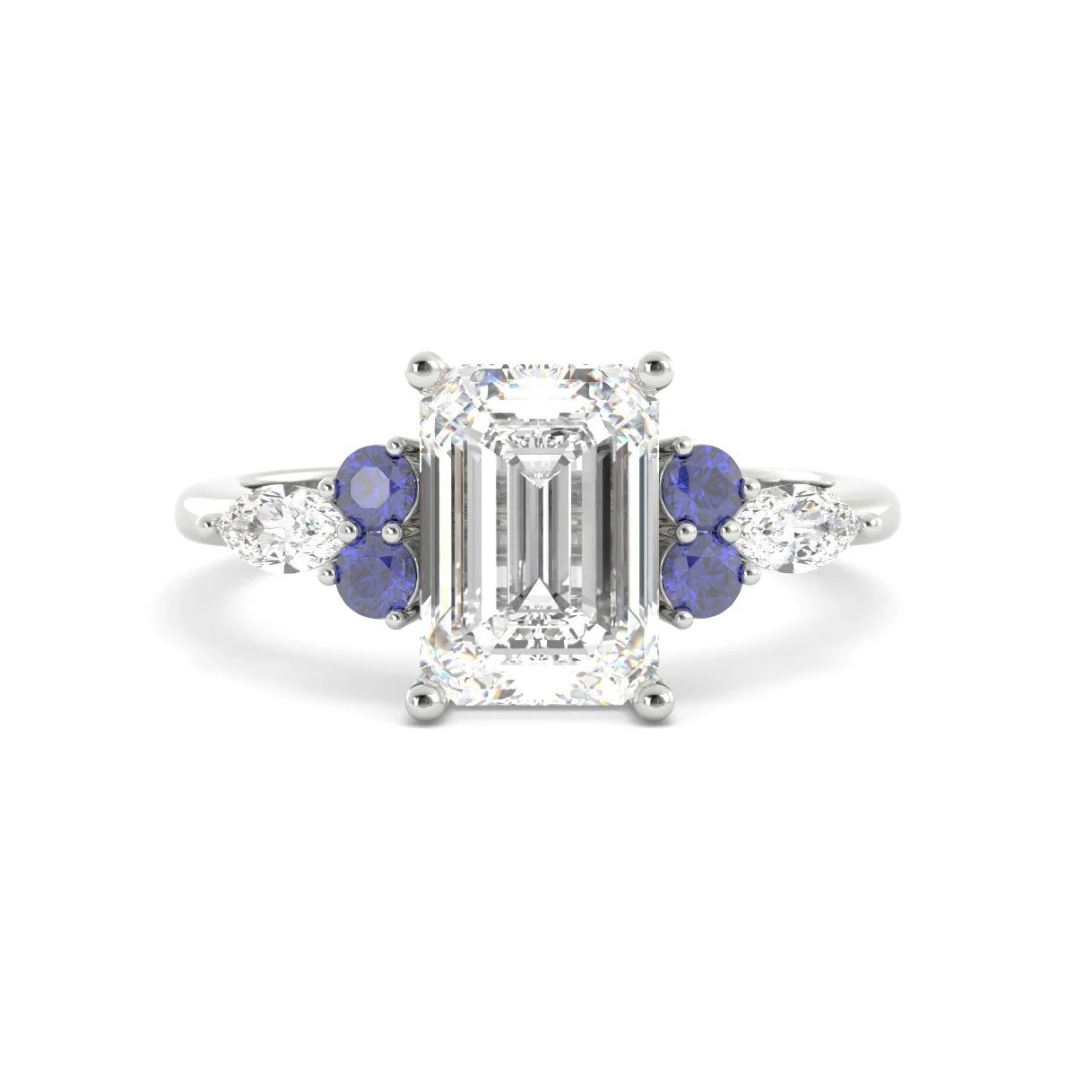 Hydrangea Emerald Cut Diamond with Blue Sapphire Cluster in White Goldimage_000-25.jpg