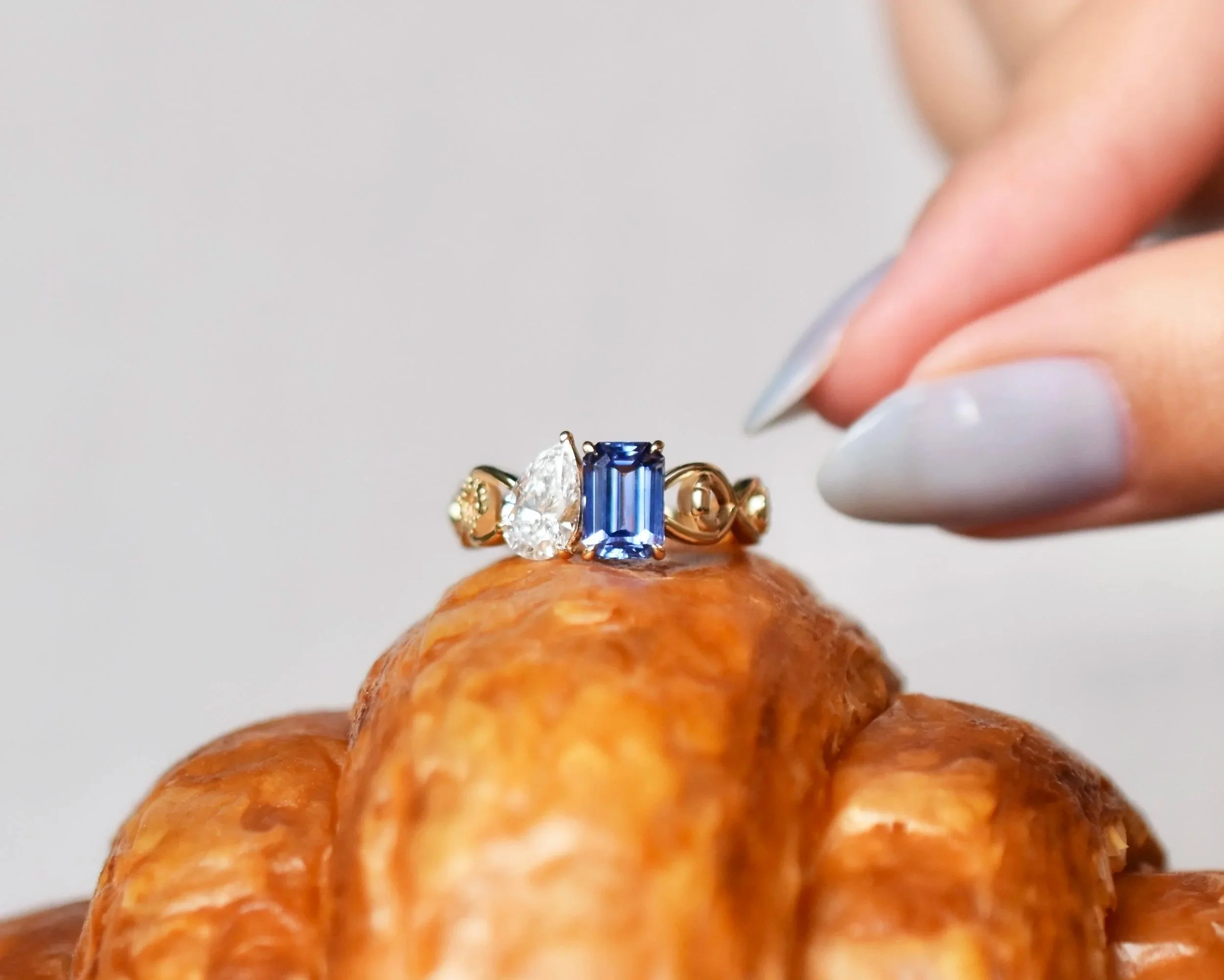 Toi Et Moi Blue Sapphire and Diamond Ring With Croissant and Donut Details