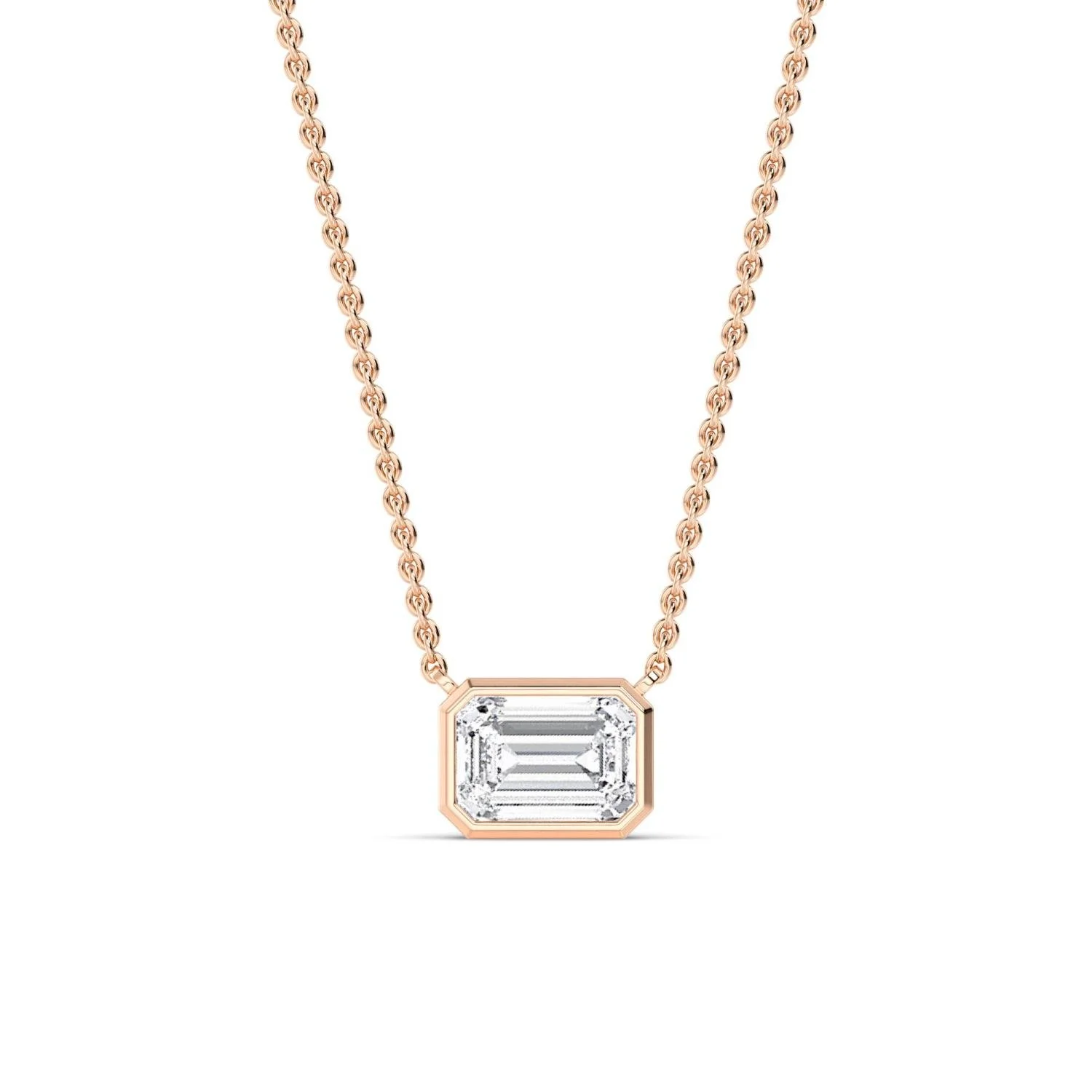 Louna emerald-cut diamond bezel necklace in rose gold, solitaire pendant by August Bespoke Singapore