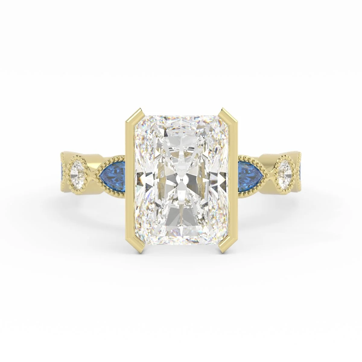 Ash Vintage Radiant Cut Diamond Ring with Blue Sapphires in Yellow Goldimage_000 (31).jpg