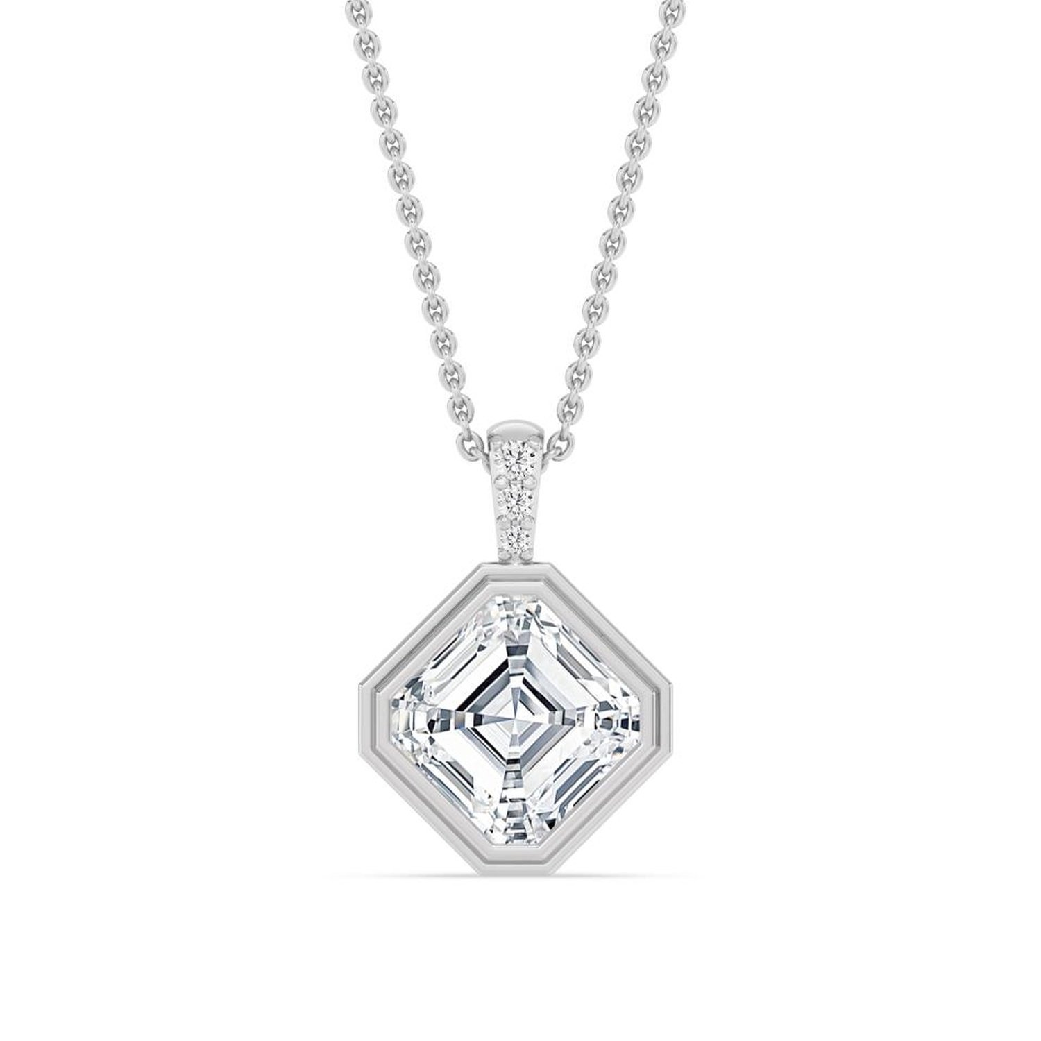 Vienna Necklace in white gold, 2 carat asscher cut diamond bezel pendant, fine jewellery Singapore by August Bespoke