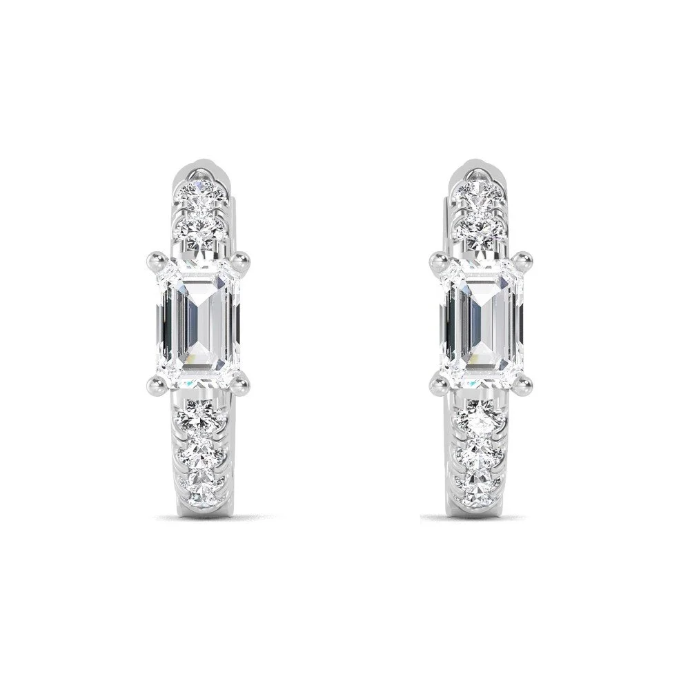 Soline white gold diamond huggie hoop earrings with emerald-cut centre diamond, fine jewellery Singapore by August Bespoke