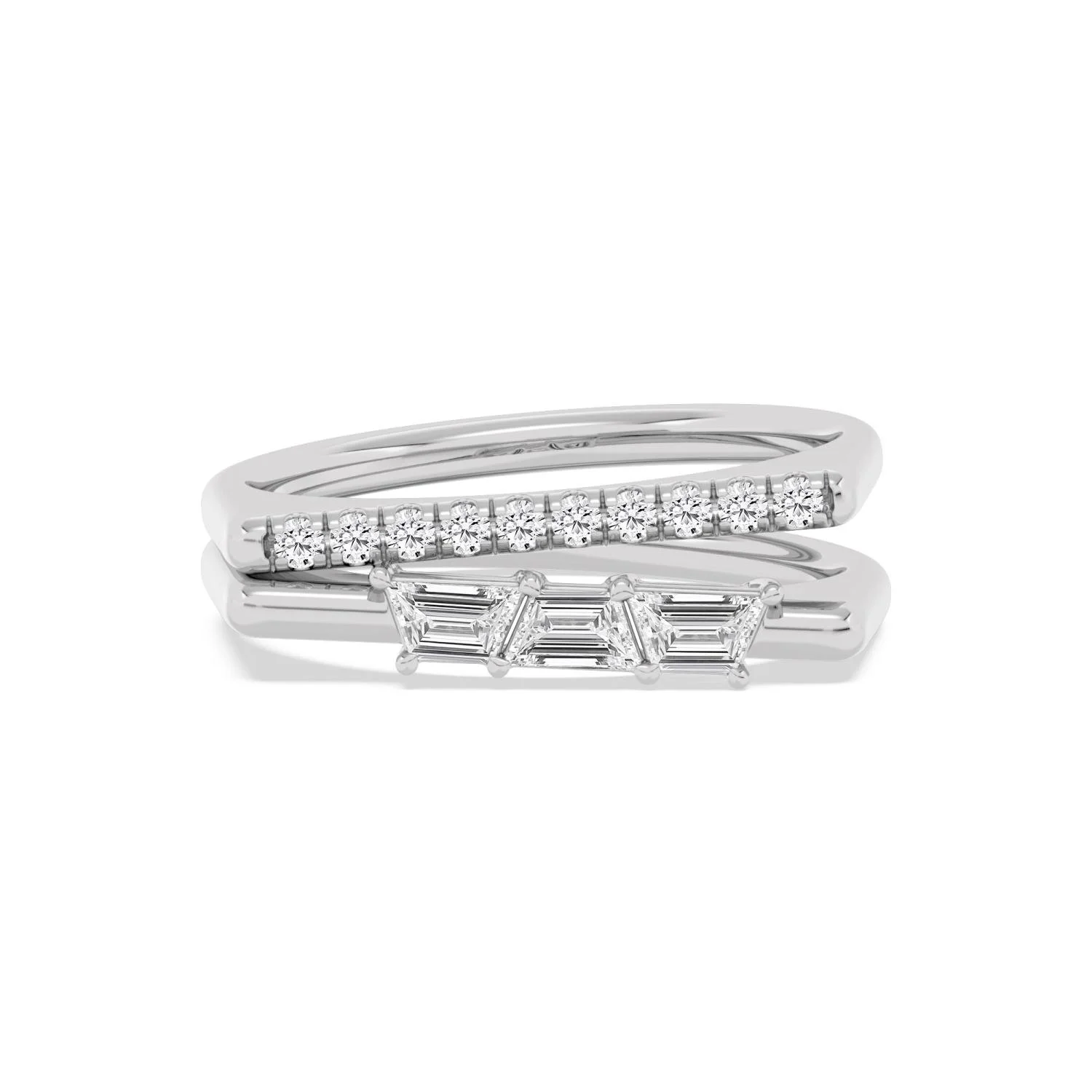 The Sleigh Ring in white gold, trapezoid and pavé diamond double band ring by August Bespoke Singapore