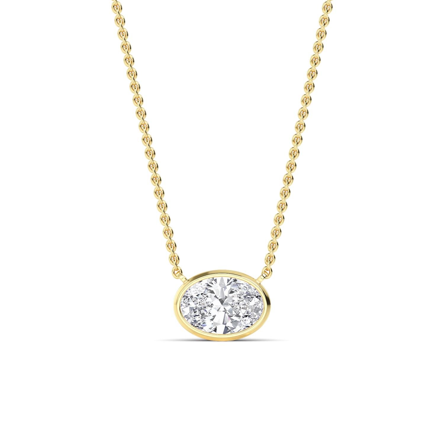 Louna oval diamond bezel necklace in yellow gold, solitaire pendant by August Bespoke Singapore