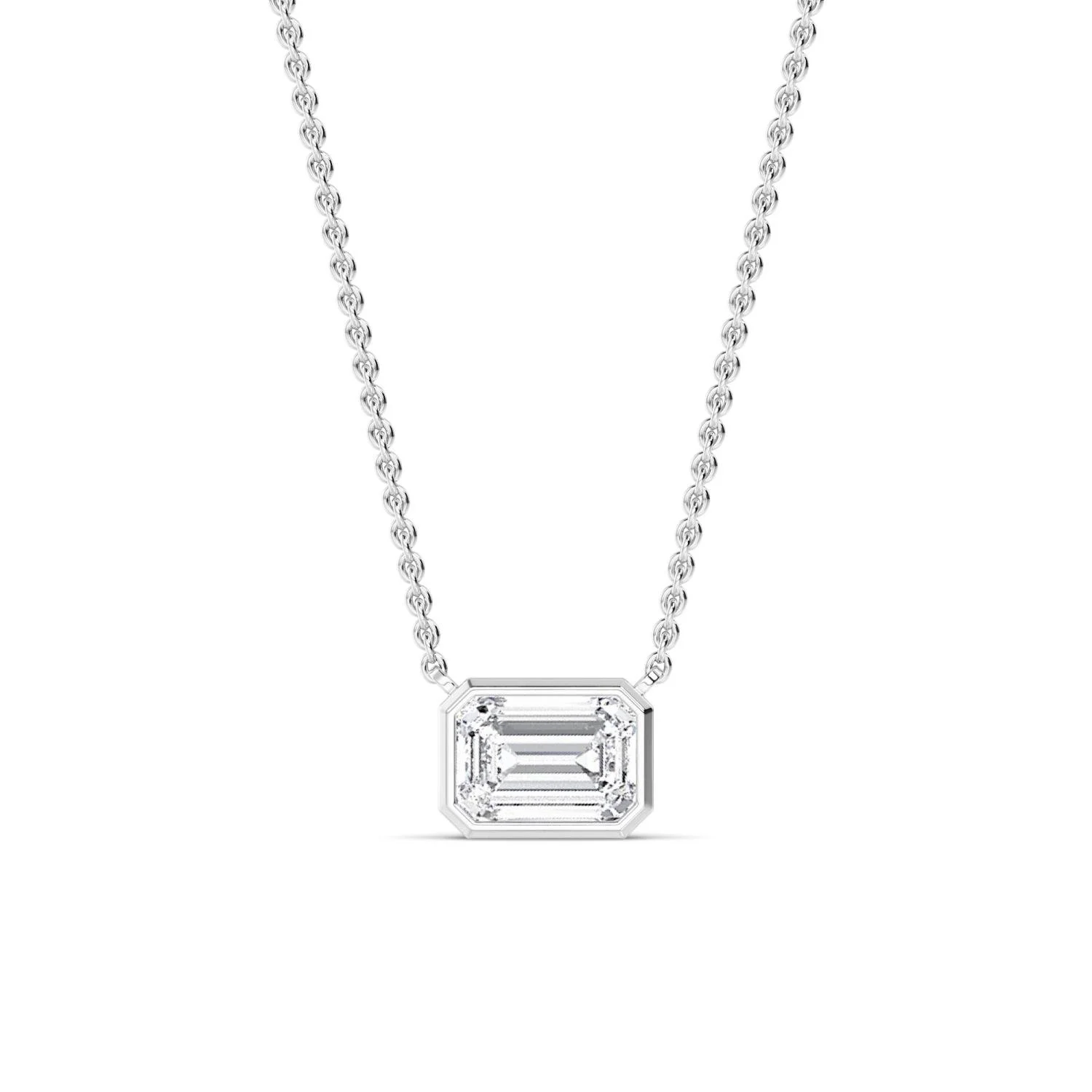 Louna emerald-cut diamond bezel necklace in white gold, solitaire pendant by August Bespoke Singapore