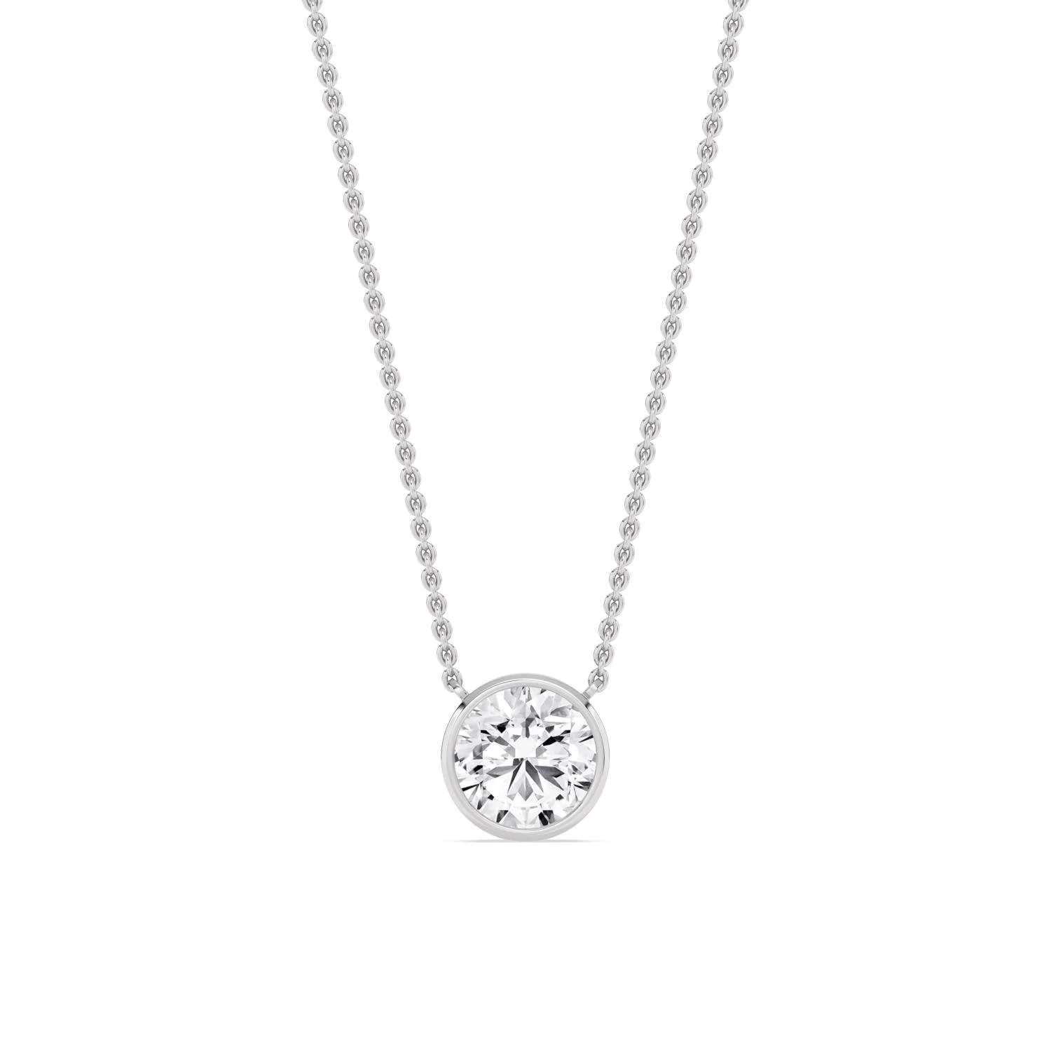 Louna round diamond bezel necklace in white gold, solitaire pendant by August Bespoke Singapore