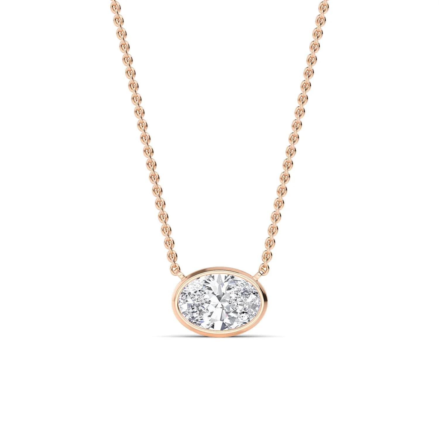 Louna oval diamond bezel necklace in rose gold, solitaire pendant by August Bespoke Singapore