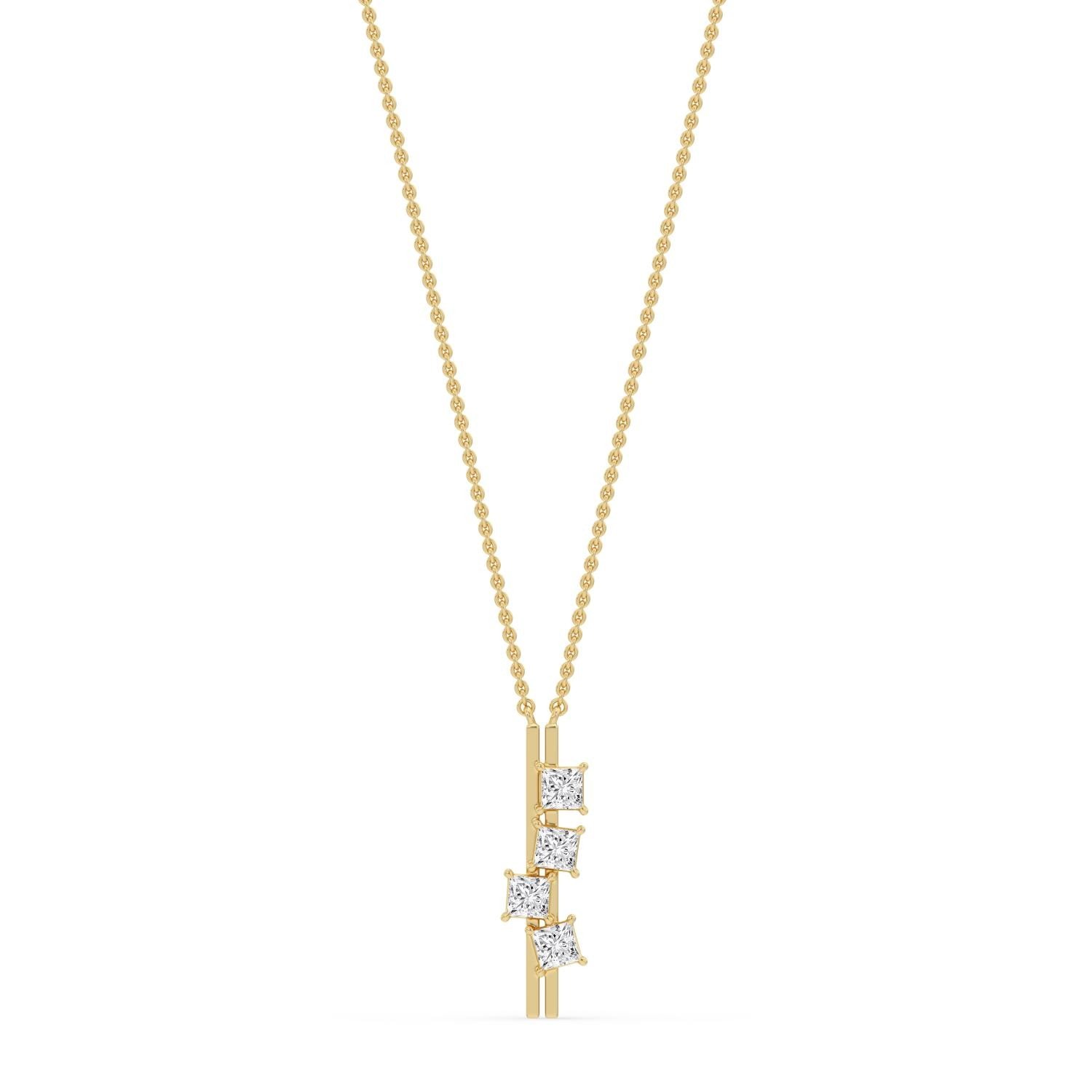 Stella yellow gold diamond necklace with 4 princess-cut diamonds, snowflake bar pendant, fine jewellery Singapore by August Bespoke