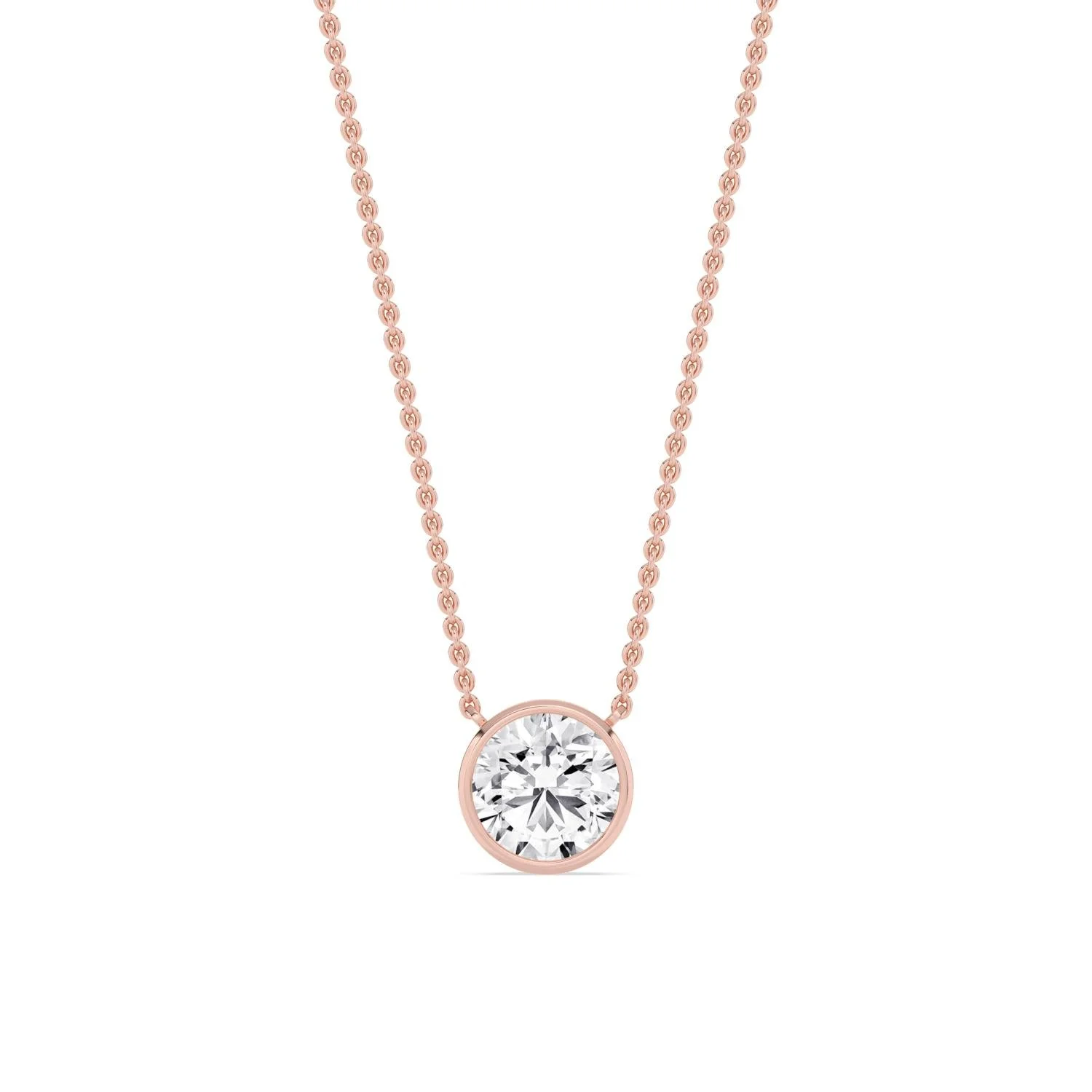 Louna round diamond bezel necklace in rose gold, solitaire pendant by August Bespoke Singapore