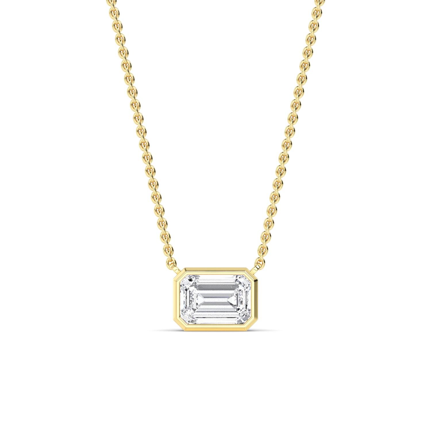 Louna emerald-cut diamond bezel necklace in yellow gold, solitaire pendant by August Bespoke Singapore