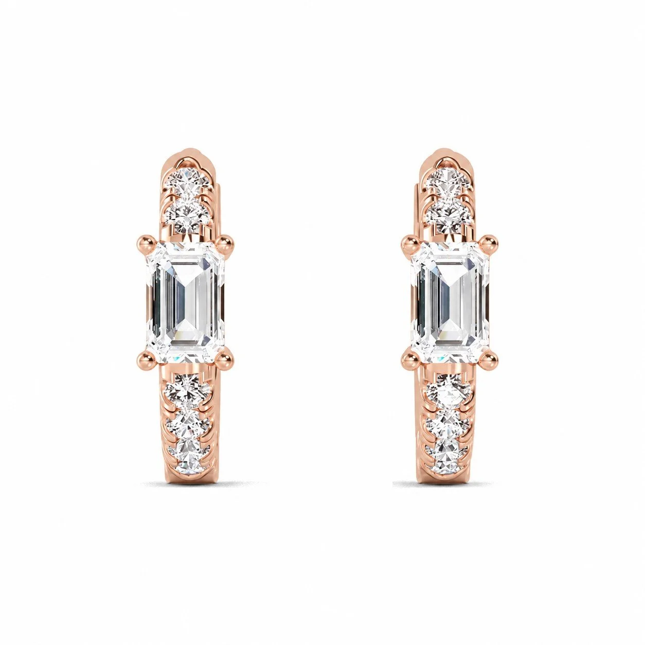 Soline rose gold diamond huggie hoop earrings with emerald-cut centre diamond, fine jewellery Singapore by August Bespoke