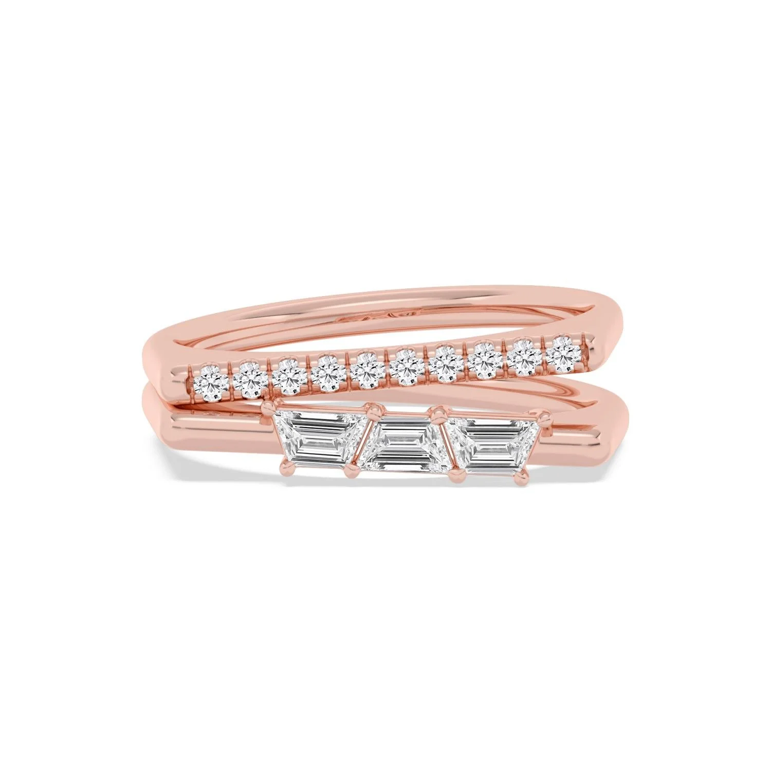 The Sleigh Ring in rose gold, trapezoid and pavé diamond double band ring by August Bespoke Singapore