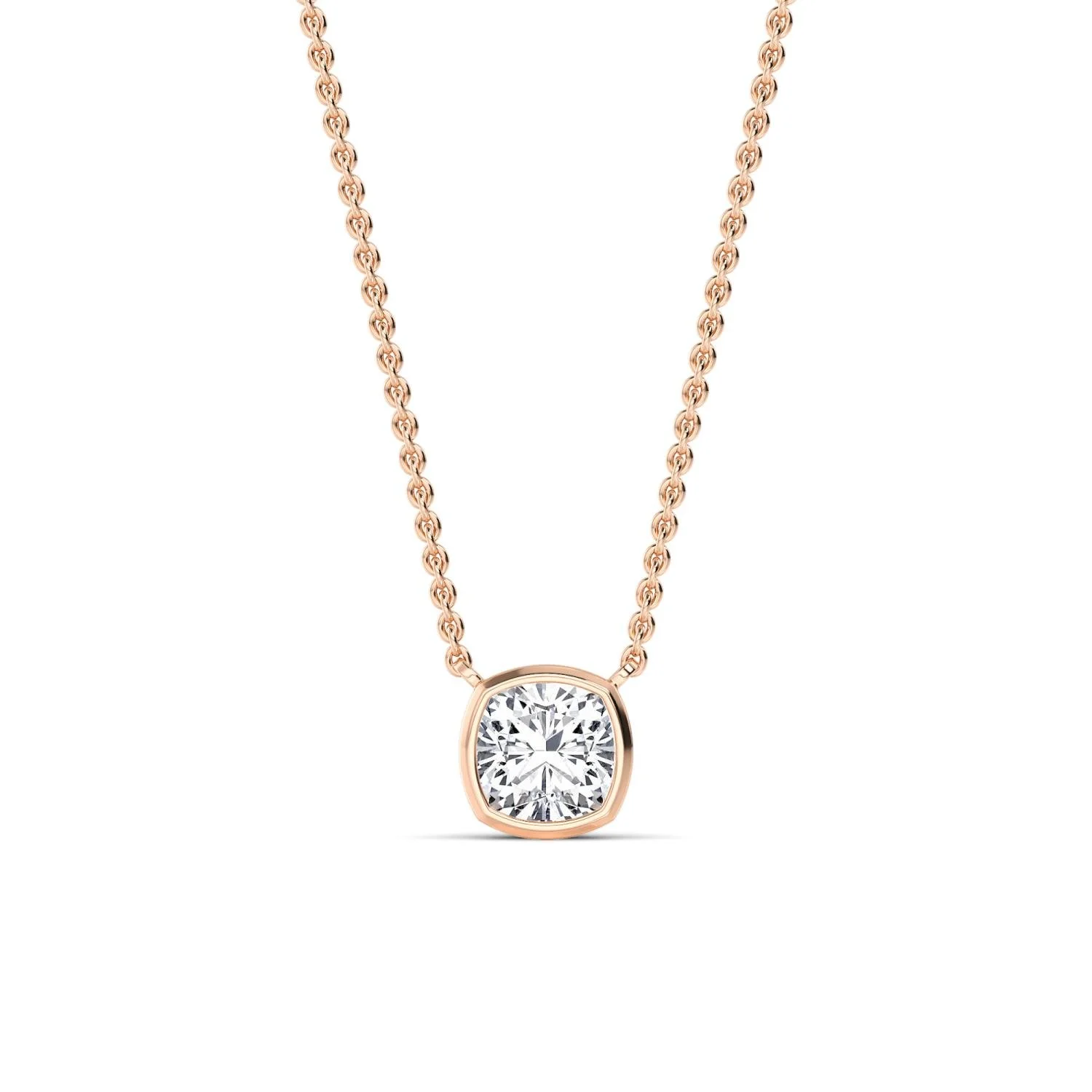 Louna cushion-cut diamond bezel necklace in rose gold, solitaire pendant by August Bespoke Singapore