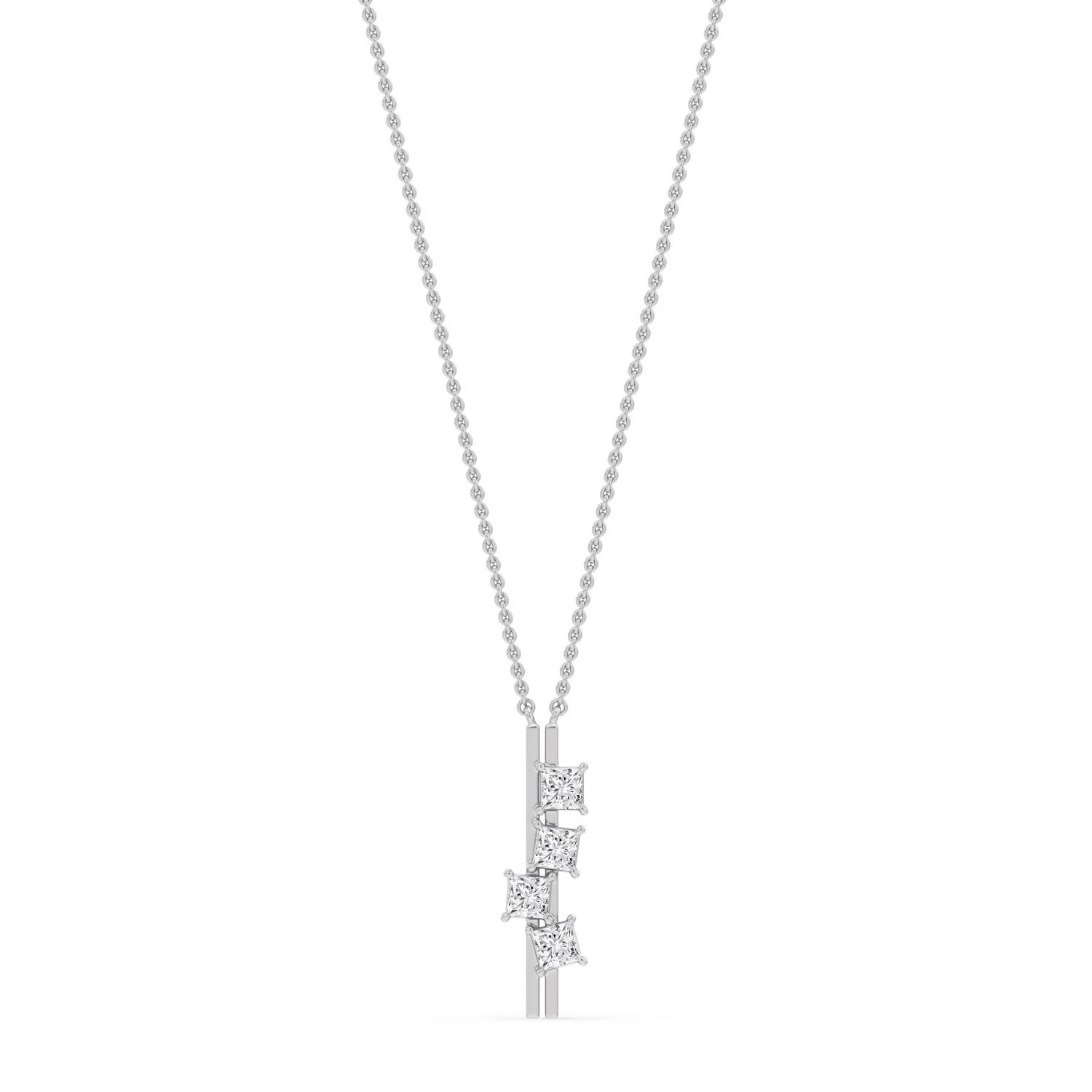 Stella white gold diamond necklace with 4 princess-cut diamonds, snowflake bar pendant, fine jewellery Singapore by August Bespoke