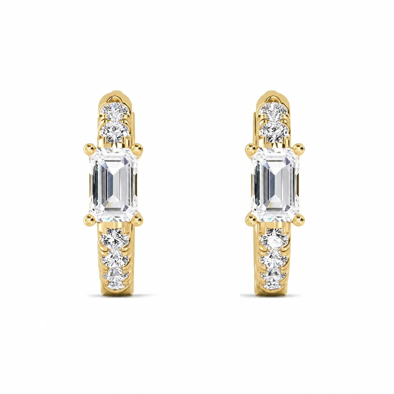 Soline yellow gold diamond huggie hoop earrings with emerald-cut centre diamond, fine jewellery Singapore by August Bespoke