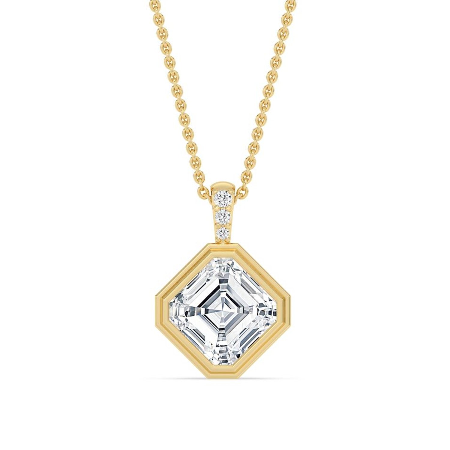 Vienna Necklace in yellow gold, 2 carat asscher cut diamond bezel pendant, fine jewellery Singapore by August Bespoke