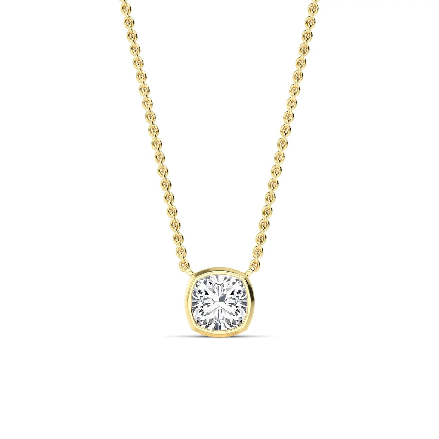 Louna cushion-cut diamond bezel necklace in yellow gold, solitaire pendant by August Bespoke Singapore