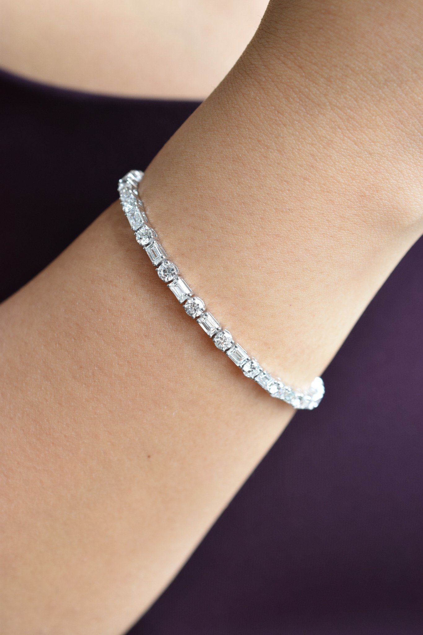 Verona round and emerald-cut diamond tennis bracelet in white gold, by August Bespoke Singapore