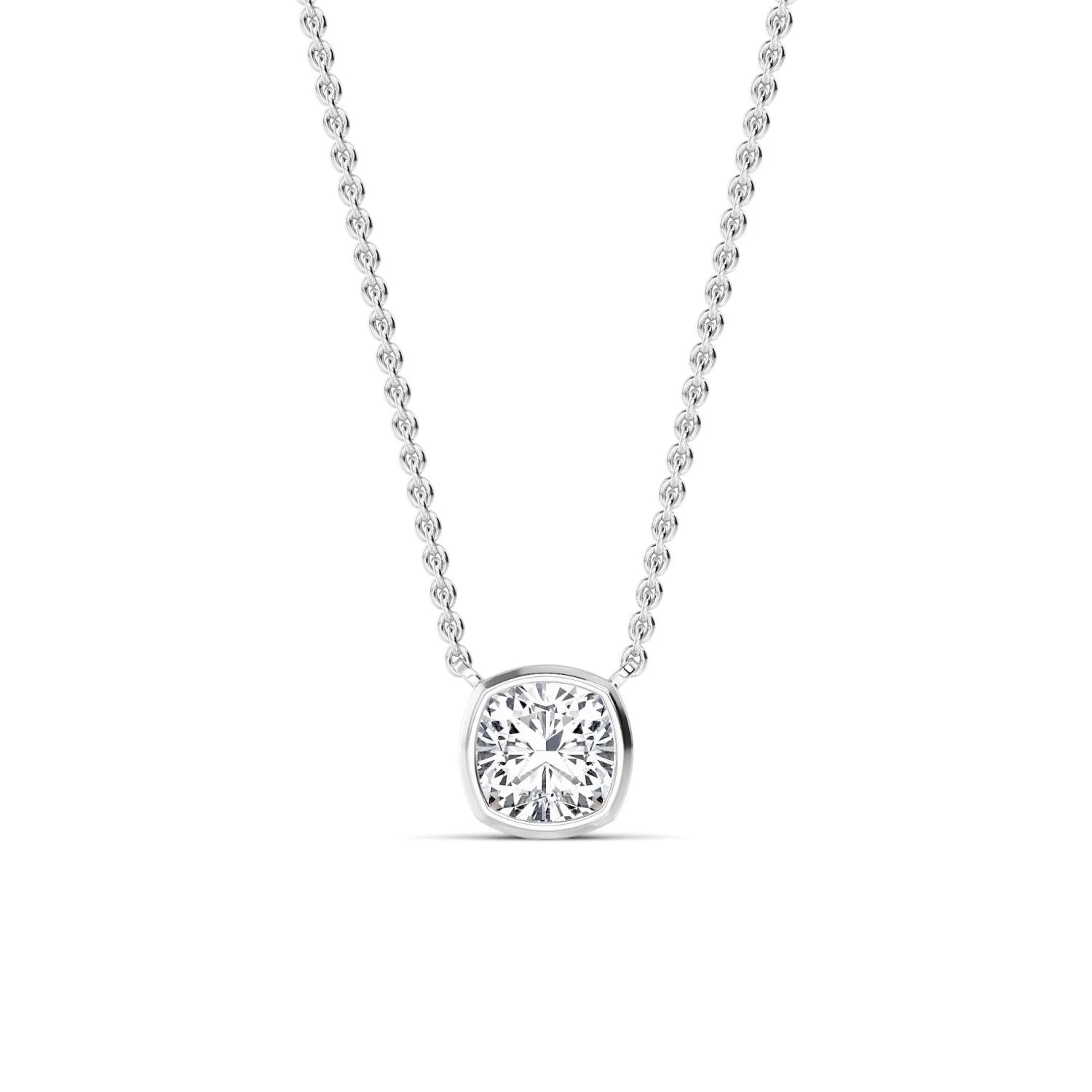 Louna cushion-cut diamond bezel necklace in white gold, solitaire pendant by August Bespoke Singapore