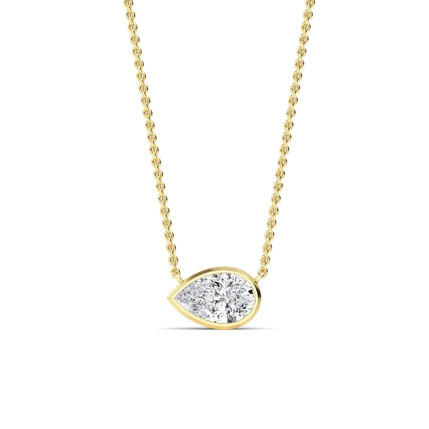 Louna pear-shaped diamond bezel necklace in yellow gold, solitaire pendant by August Bespoke Singapore