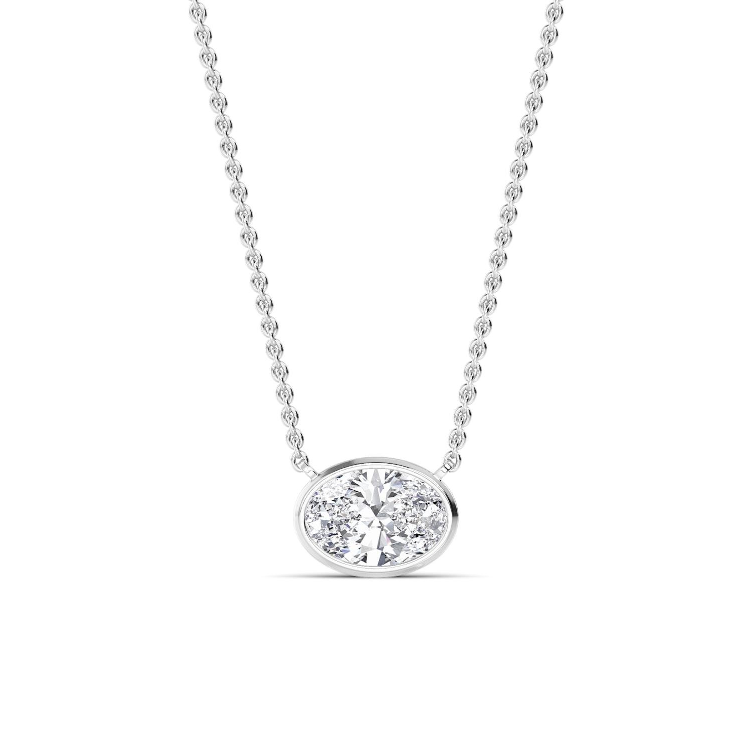 Louna oval diamond bezel necklace in white gold, solitaire pendant by August Bespoke Singapore