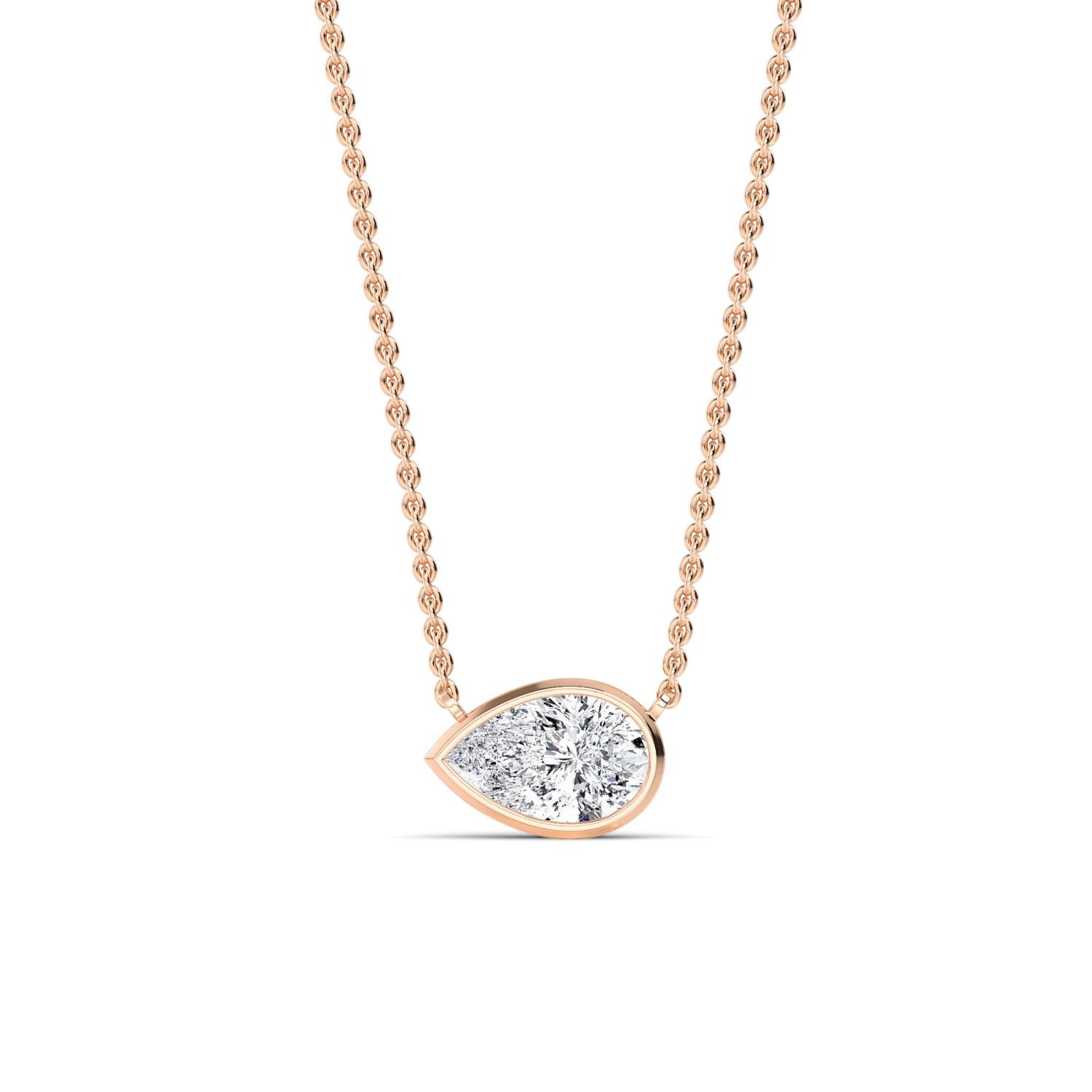 Louna pear-shaped diamond bezel necklace in rose gold, solitaire pendant by August Bespoke Singapore
