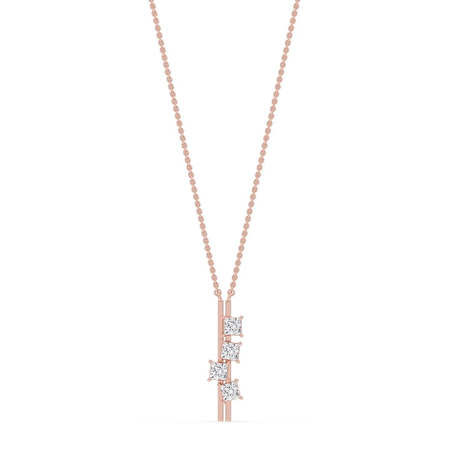 Stella rose gold diamond necklace with 4 princess-cut diamonds, snowflake bar pendant, fine jewellery Singapore by August Bespoke