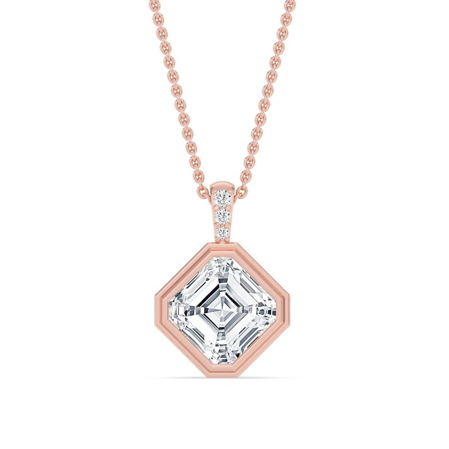 Vienna Necklace in rose gold, 2 carat asscher cut diamond bezel pendant, fine jewellery Singapore by August Bespoke