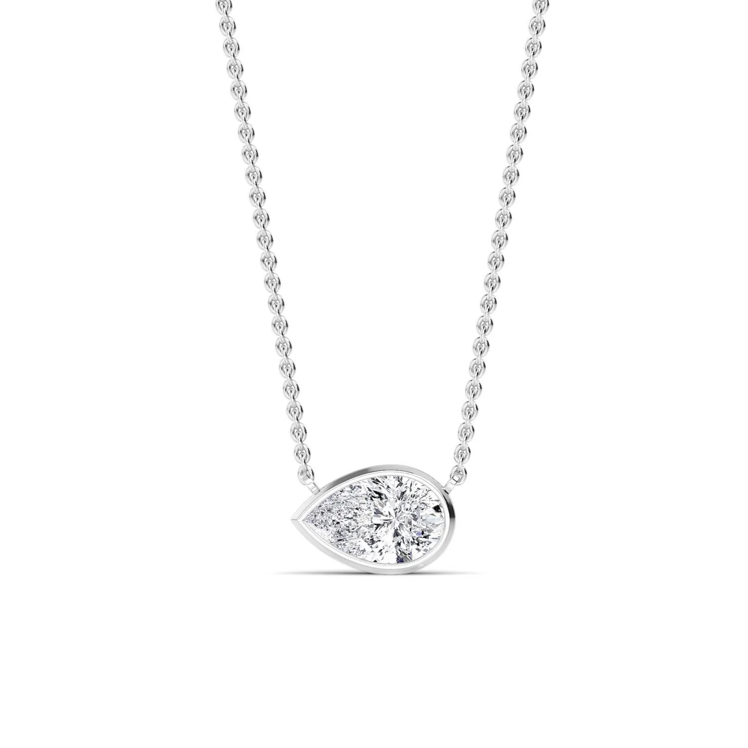 Louna pear-shaped diamond bezel necklace in white gold, solitaire pendant by August Bespoke Singapore