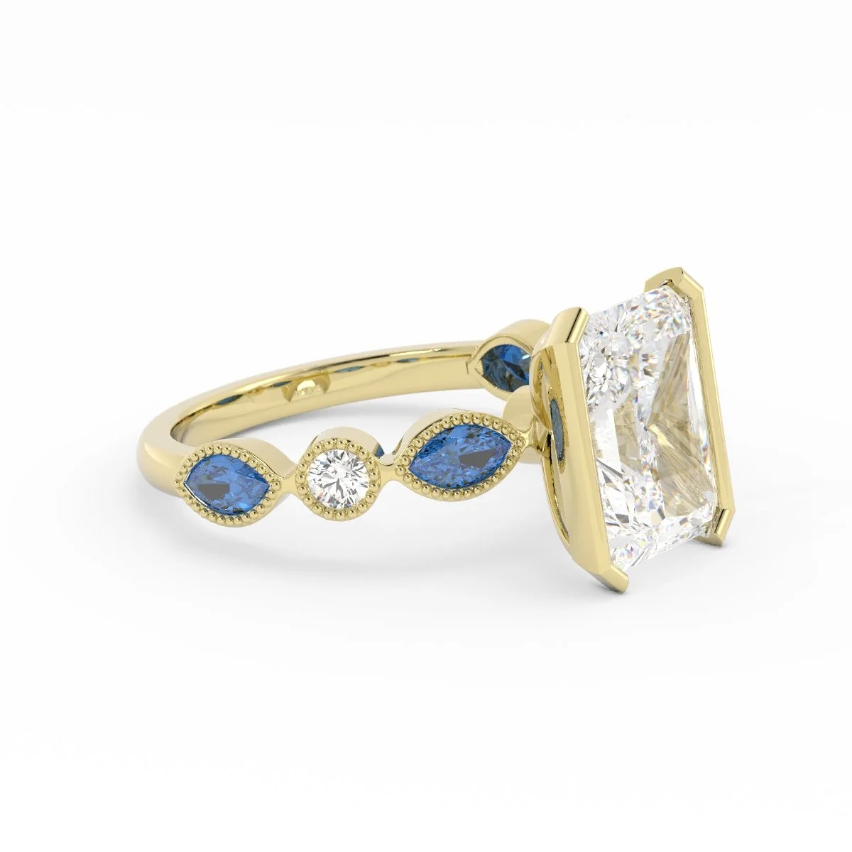 Ash Vintage Radiant Cut Diamond Ring with Blue Sapphires in Yellow Goldimage_001 (3).jpg