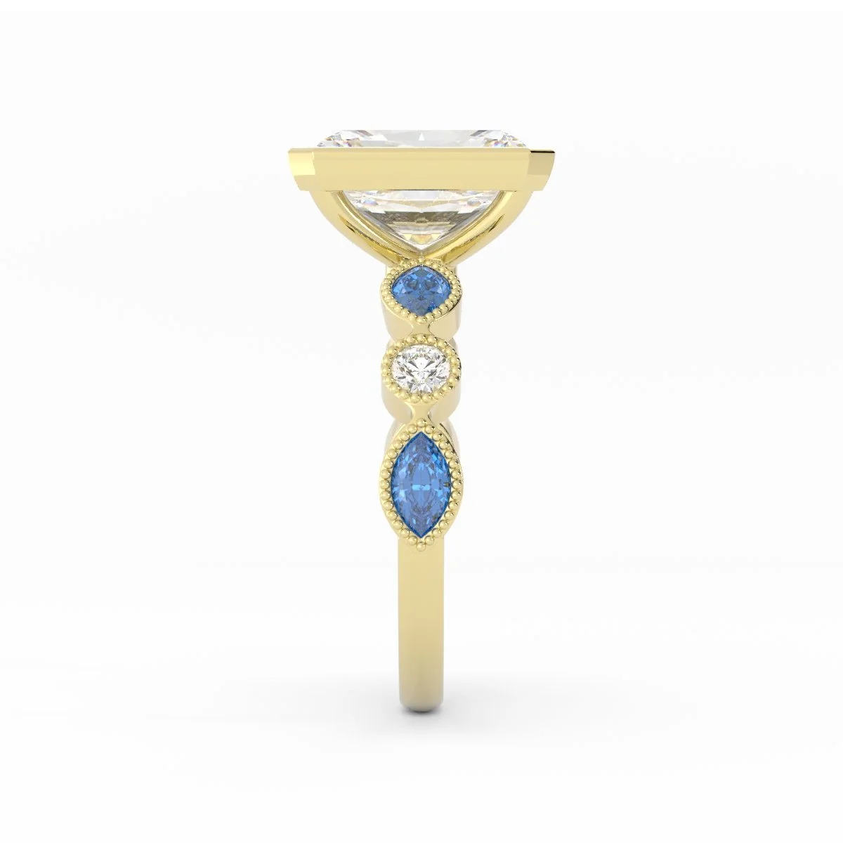 Ash Vintage Radiant Cut Diamond Ring with Blue Sapphires in Yellow Goldimage_003 (5).jpg