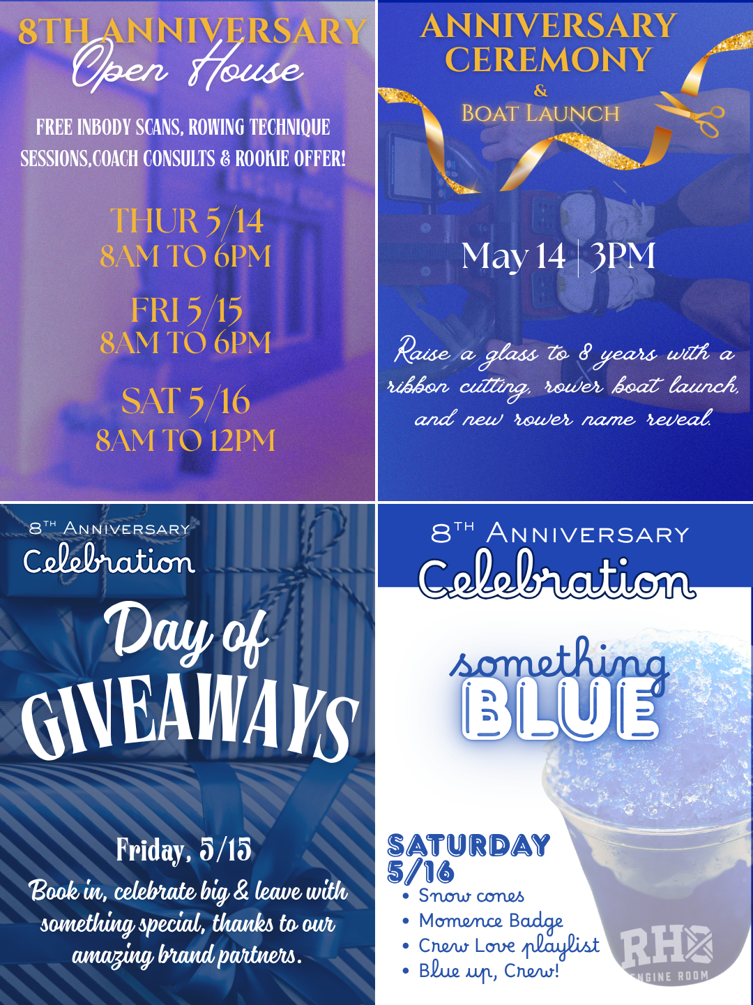 4 promotional event images. 1: Open House May 14 to 16 with free scans and sessions 2: Ceremony and boat launch May 14 at 3 PM. 3: Giveaways Friday May 15 4: Something Blue Saturday May 16 with activities.