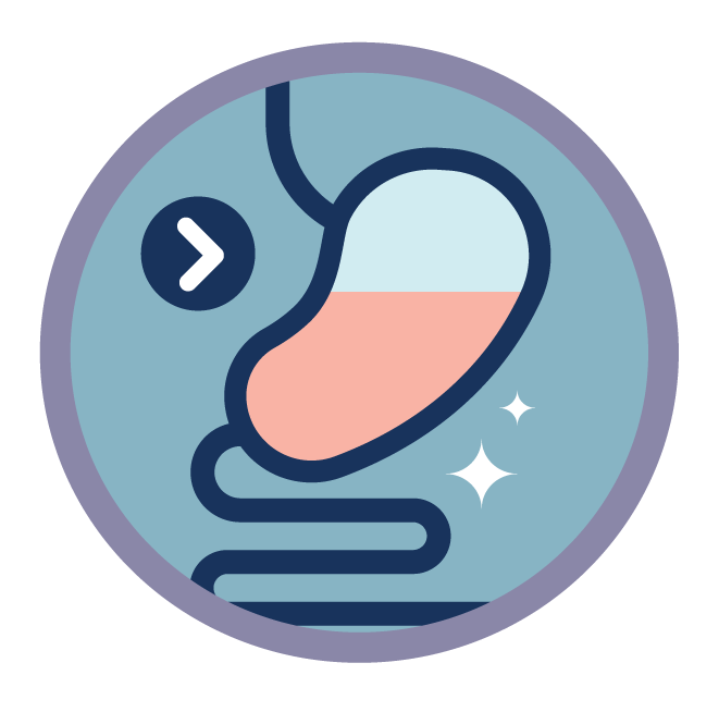 Icon of a colonoscopy procedure, showing a flexible tube inserted into a colon imaging device with sparkles indicating cleanliness or motion.