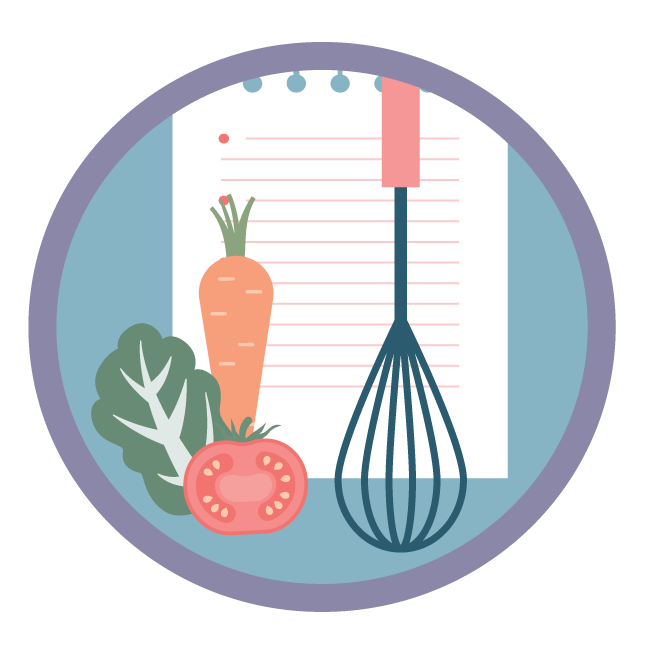 Illustration of a kitchen timer, a shopping list, a carrot, lettuce, and a tomato.
