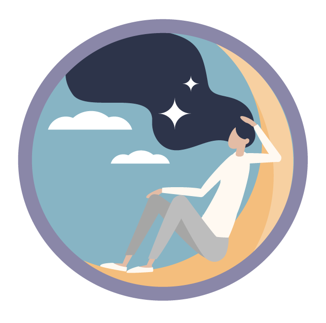 Illustration of a person sitting on a crescent moon, gazing at the night sky with clouds and stars.