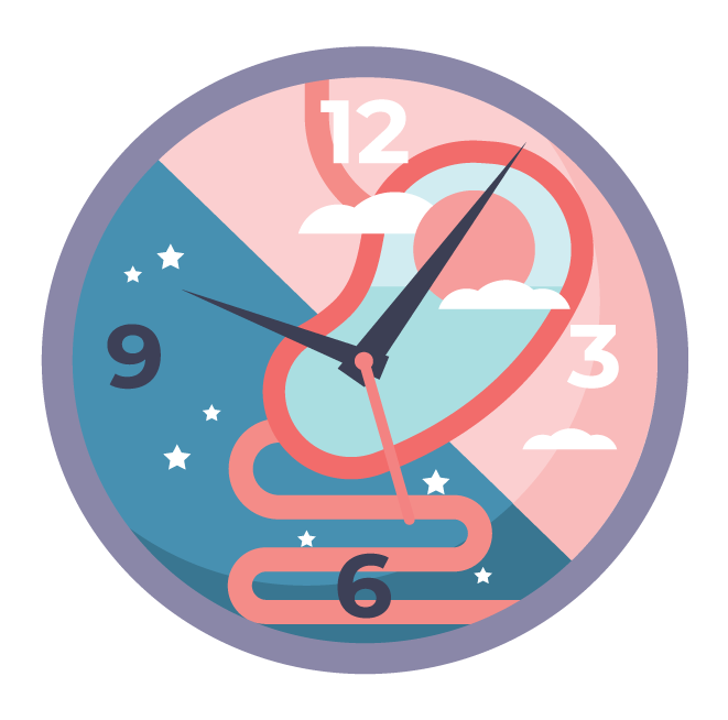 Colorful analog clock with a whimsical design depicting day and night, with clouds and stars.