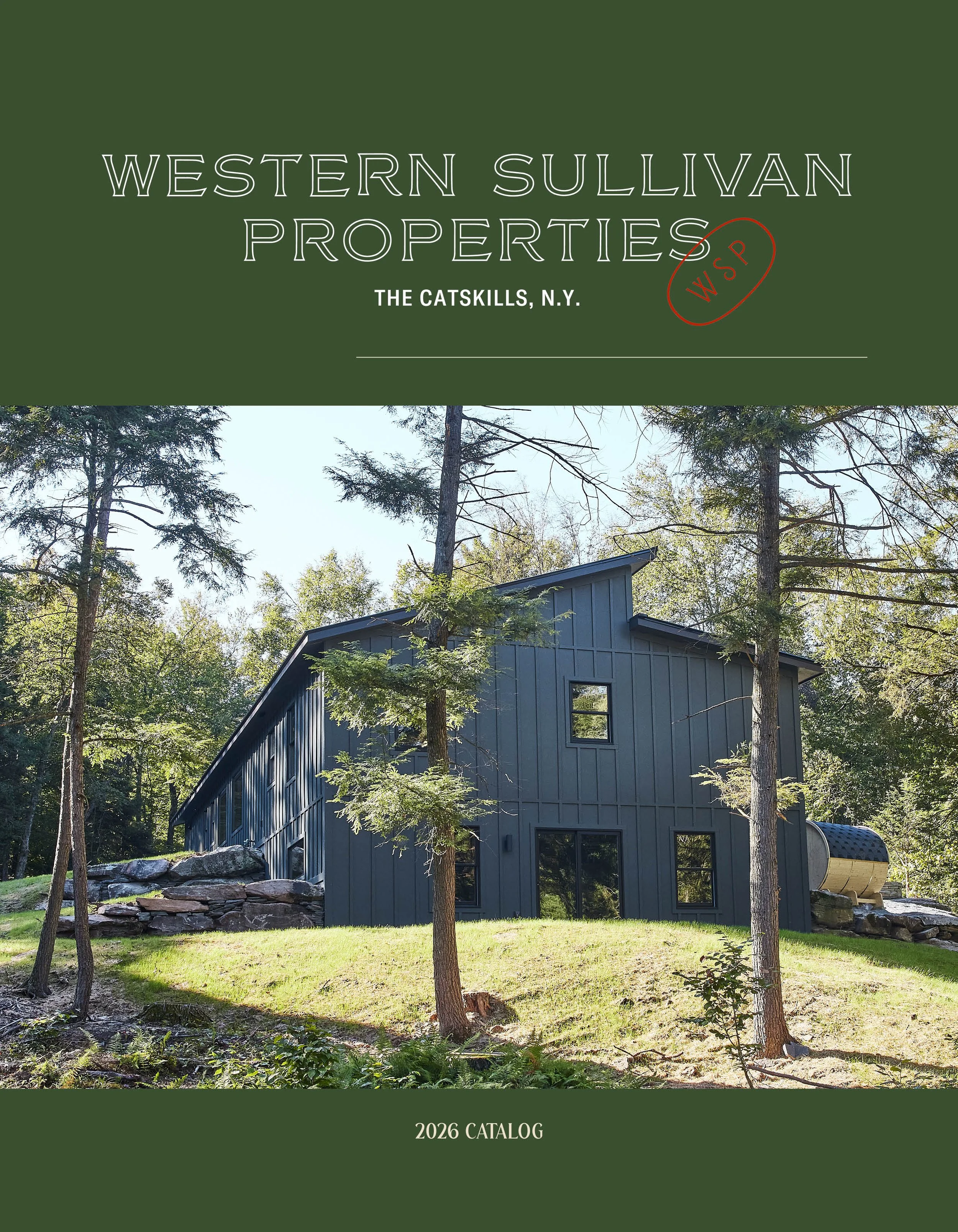 Cover of a catalog titled 'Western Sullivan Properties' showing a modern, dark-colored house in a wooded area with trees and natural landscape around.