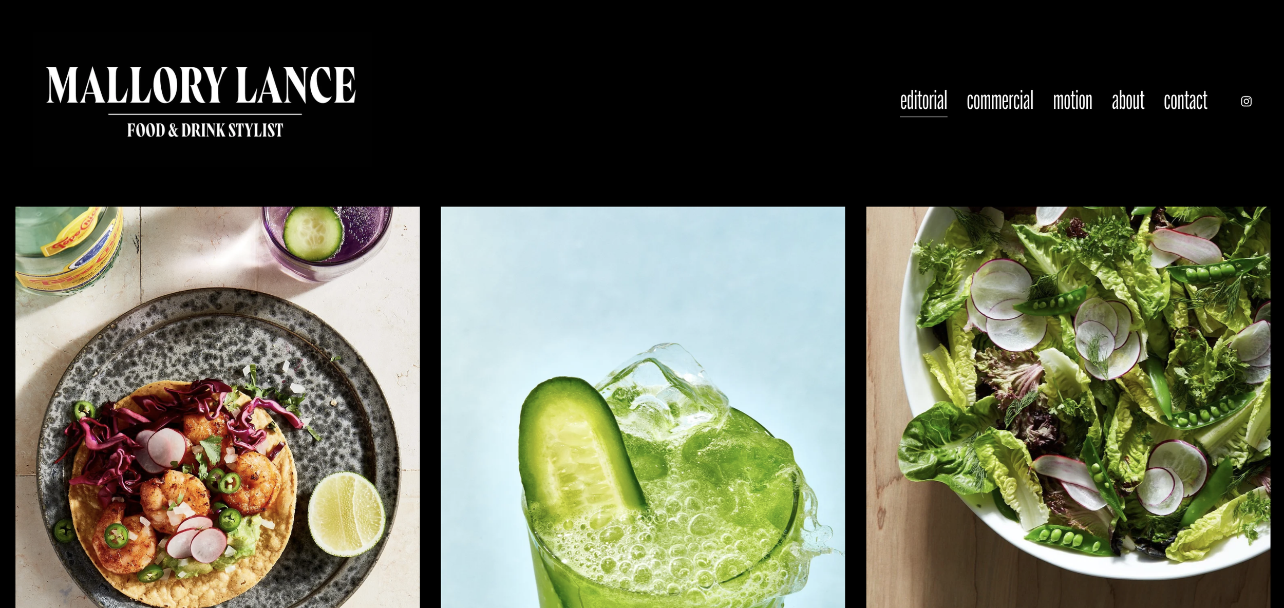Website homepage for food and drink stylist Mallory Lance featuring three images: a plate of food with vegetables and lime, a green cucumber soda with ice and cucumber slice, and a bowl of mixed green salad with radishes and peas.