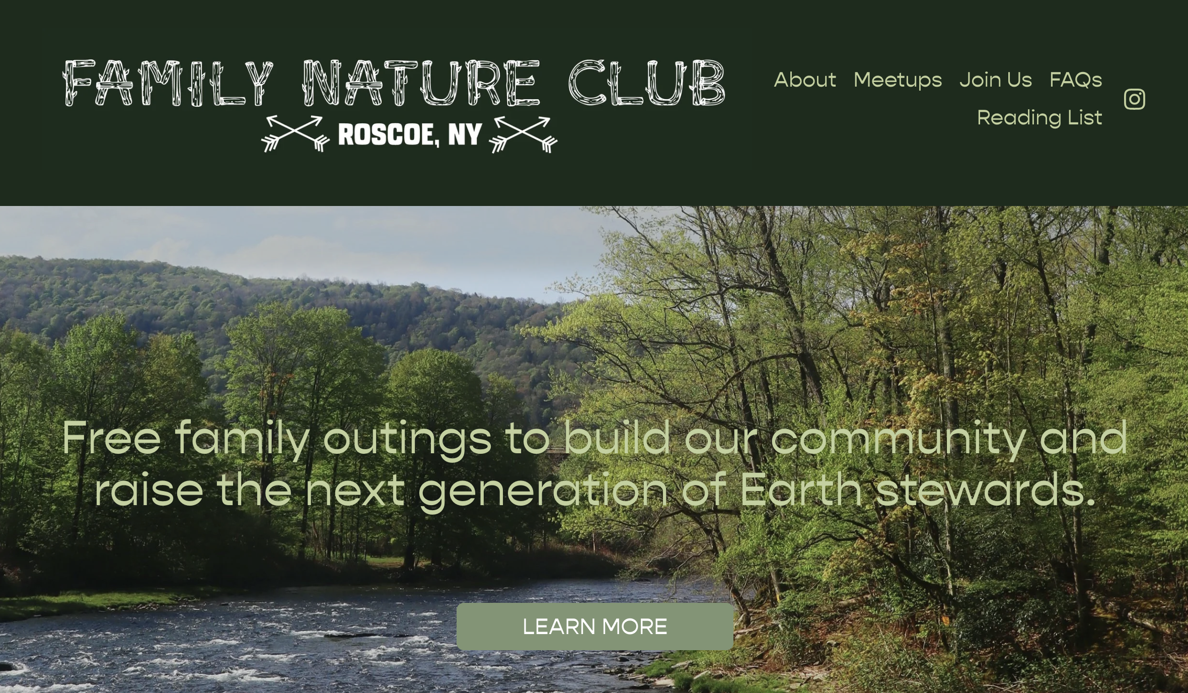 Homepage of the Family Nature Club website showing a river and green trees with a mountainous background, text promoting free family outings to build community and care for Earth, and a green "Learn More" button.