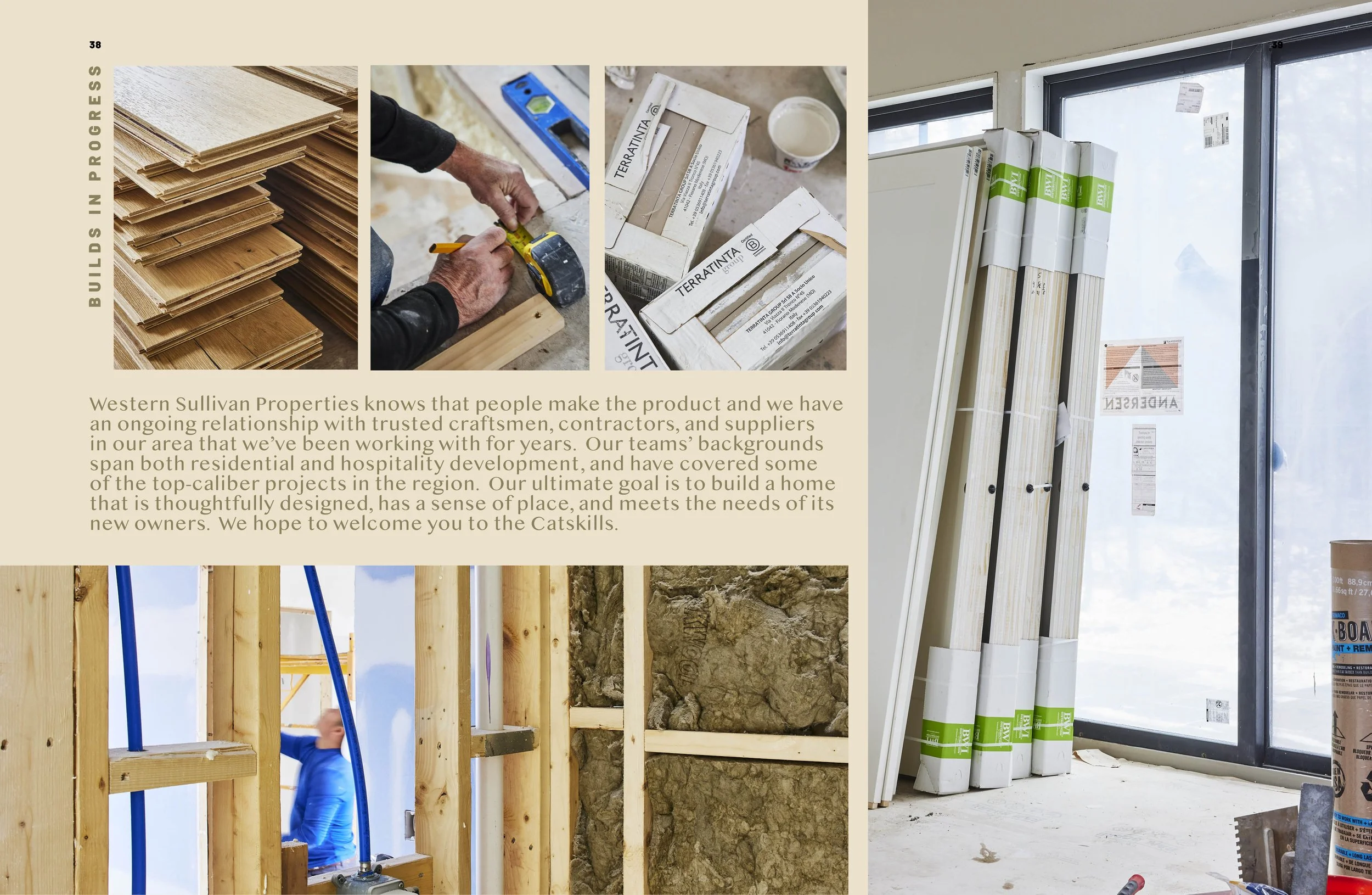 A collage showing a construction site with wood planks, tools, boxed materials, and interior framing. One section features windows and insulation, with a worker installing framing. There's also a text overlay about Western Sullivan Properties and the