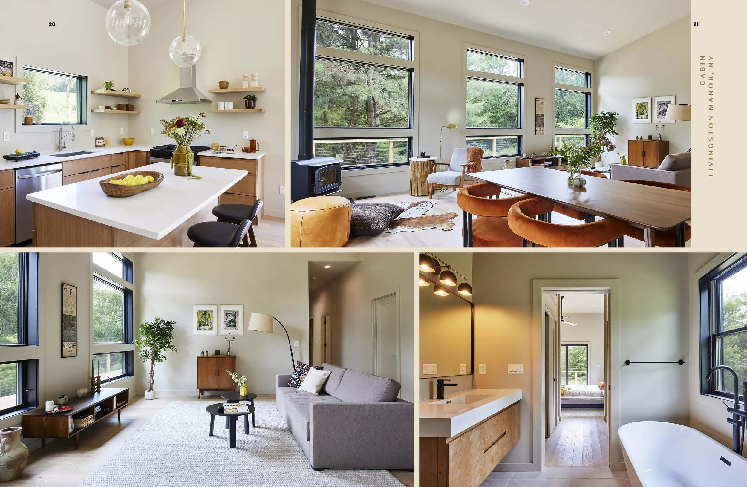 Collage of four photos showcasing the interiors of a modern home. The top left features a kitchen with wooden cabinetry, a white countertop island, and hanging glass pendant lights. The top right shows a living room with large windows, a wood stove, 