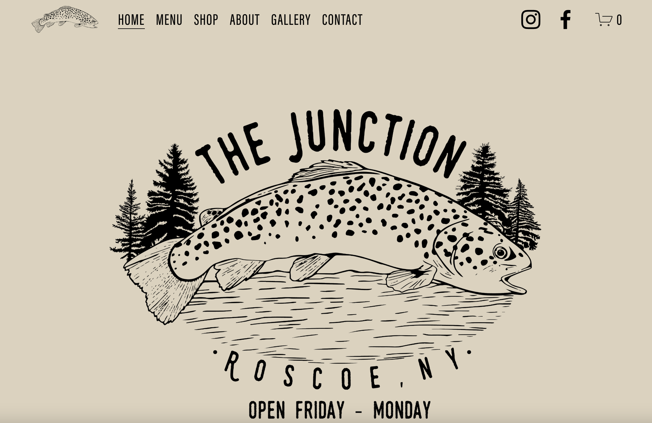Illustration of a trout fish with trees in the background and the text "The Junction" above it. Additional text includes "Roscoe, NY" and "Open Friday - Monday."