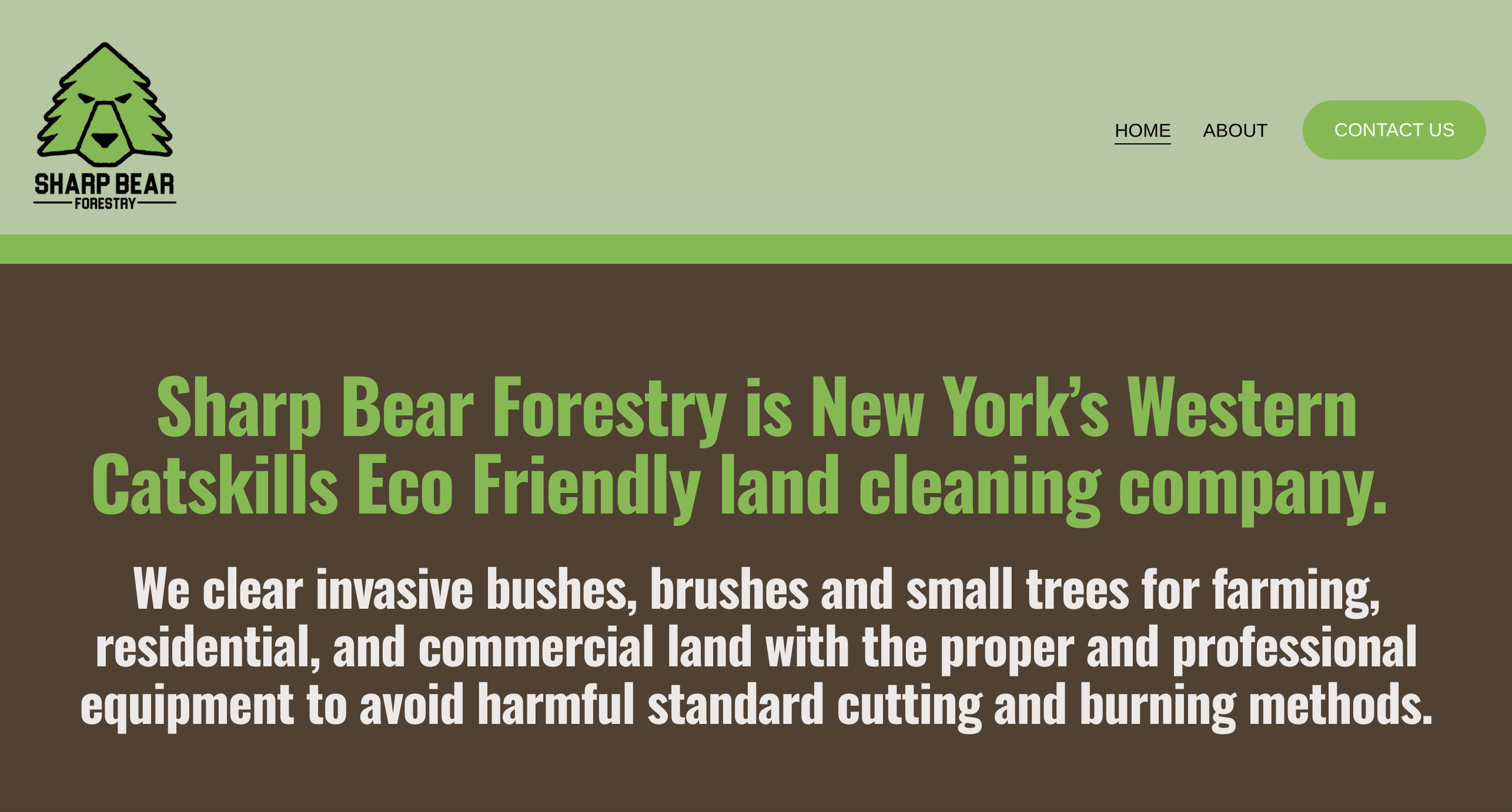 Landing page of Sharp Bear Forestry website with logo of a bear's face made of pine trees, navigation options, and text describing eco-friendly land clearing services.