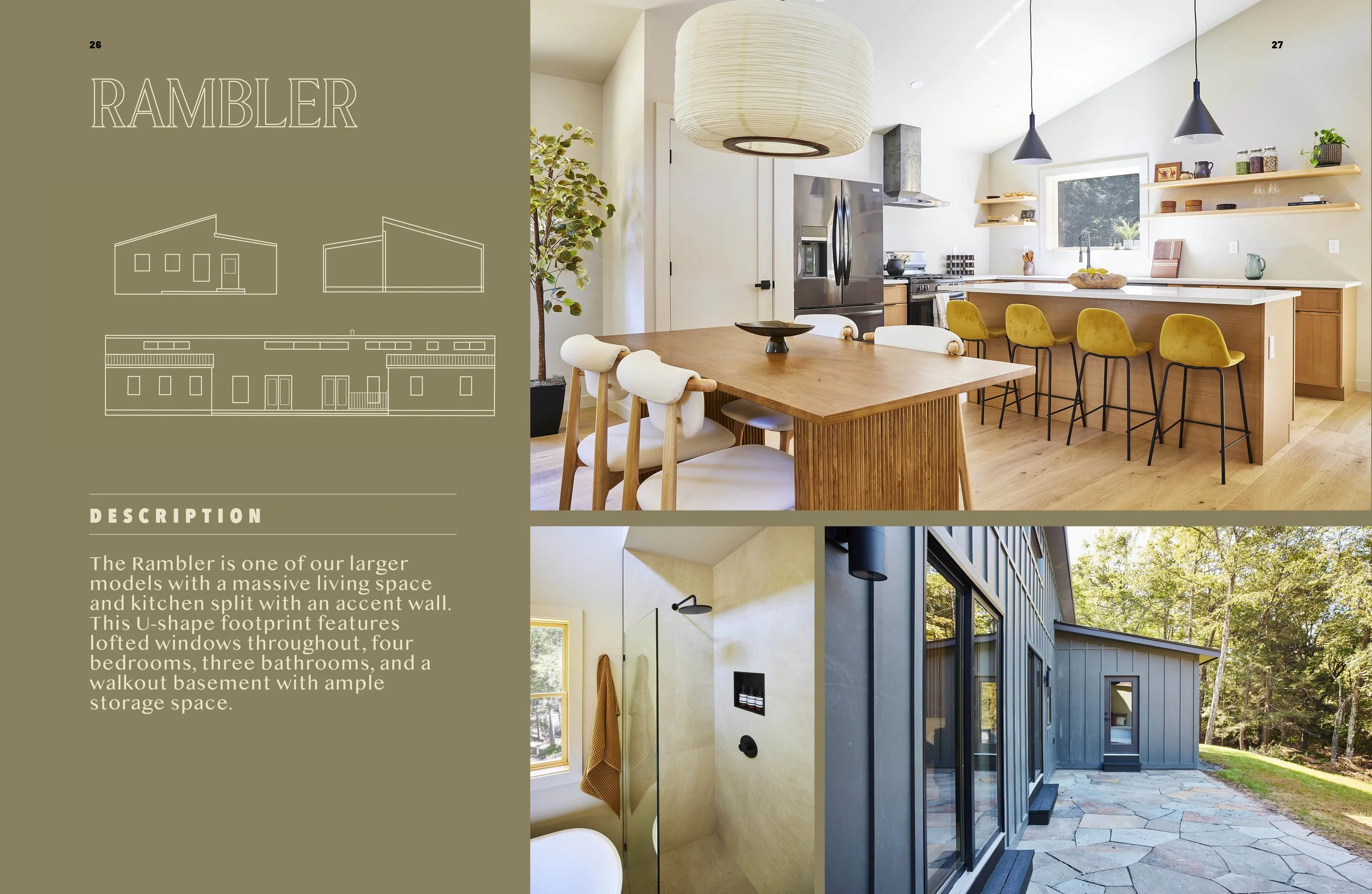 Interior and exterior views of a modern house called the Rambler, featuring a kitchen with a dining area, a bathroom with a shower, and an outdoor patio with stone flooring surrounded by trees.