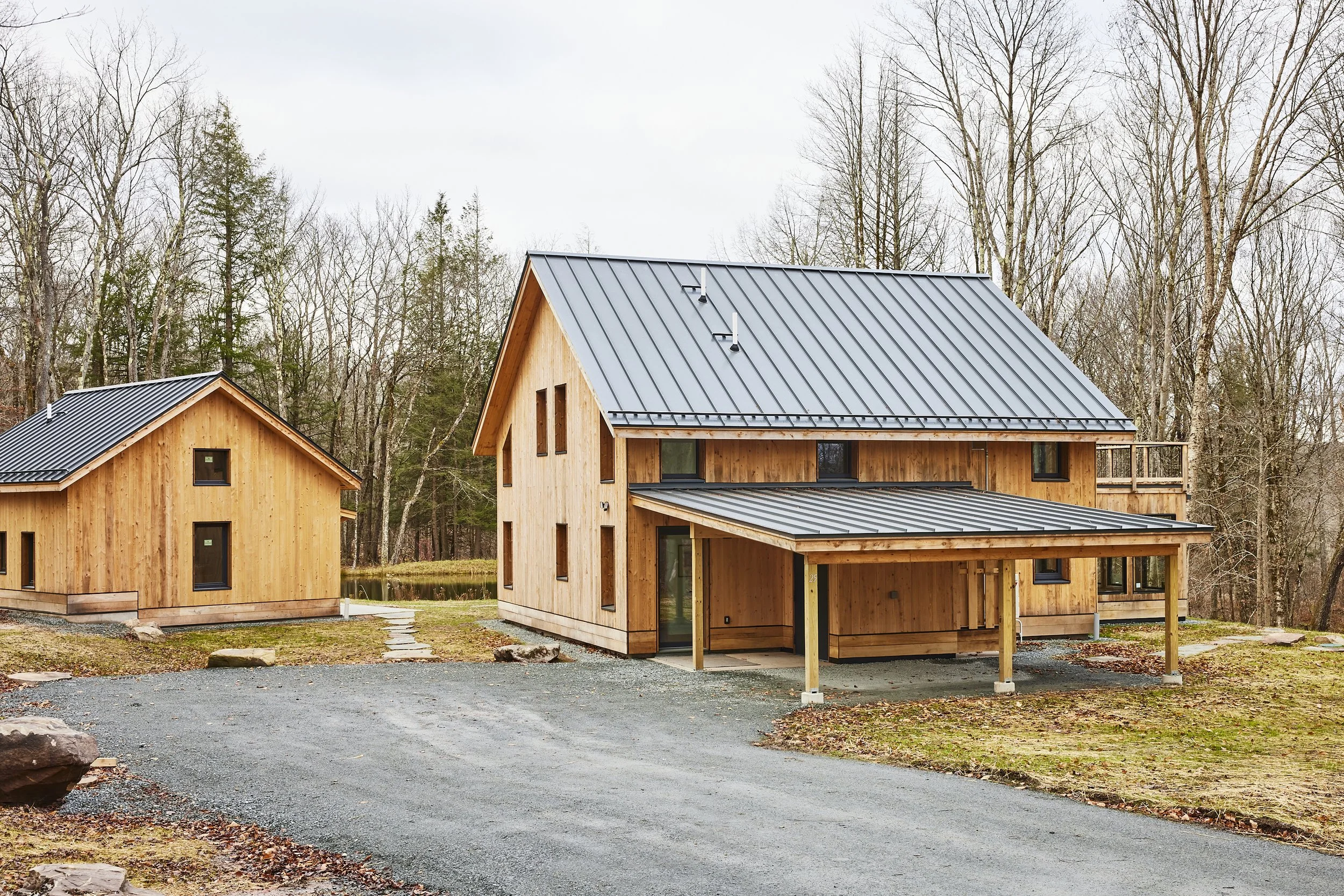 Two modern wooden houses with metal roofs in a wooded area during fall or winter