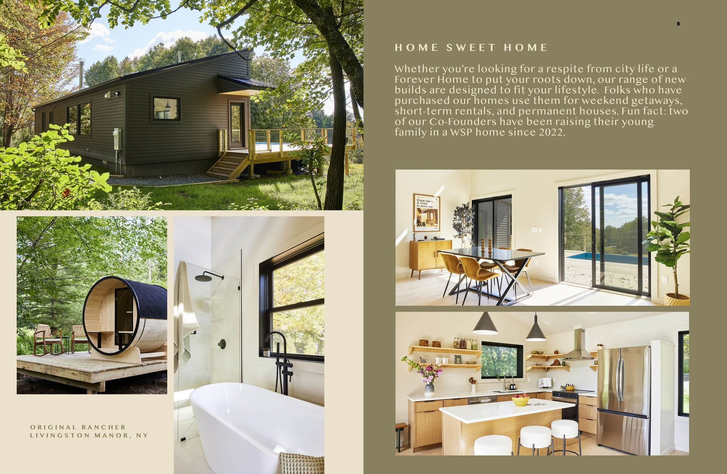 A collage showing a modern house with large windows and a wooden deck, an outdoor sauna with a circular design in a wooded area, an interior bathroom with a bathtub and large window, and interior living spaces including a dining area and kitchen with