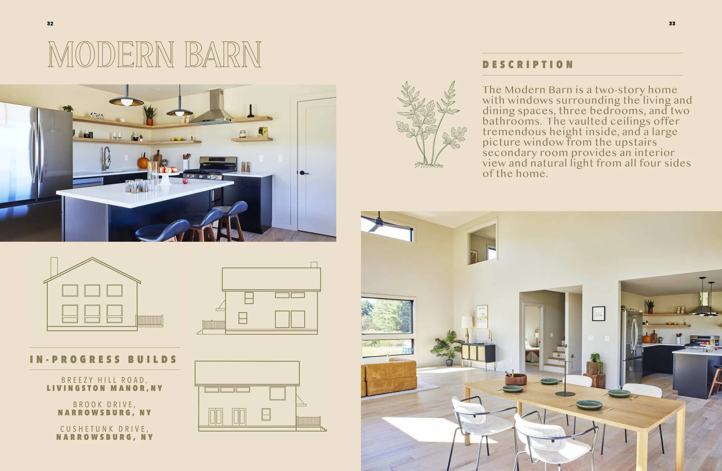Photo of a modern kitchen with a white island, black cabinets, stainless steel appliances, open wooden shelves, and hanging pendant lights, adjacent to a bright living space with large windows, a tan sofa, and a dining table with white chairs.