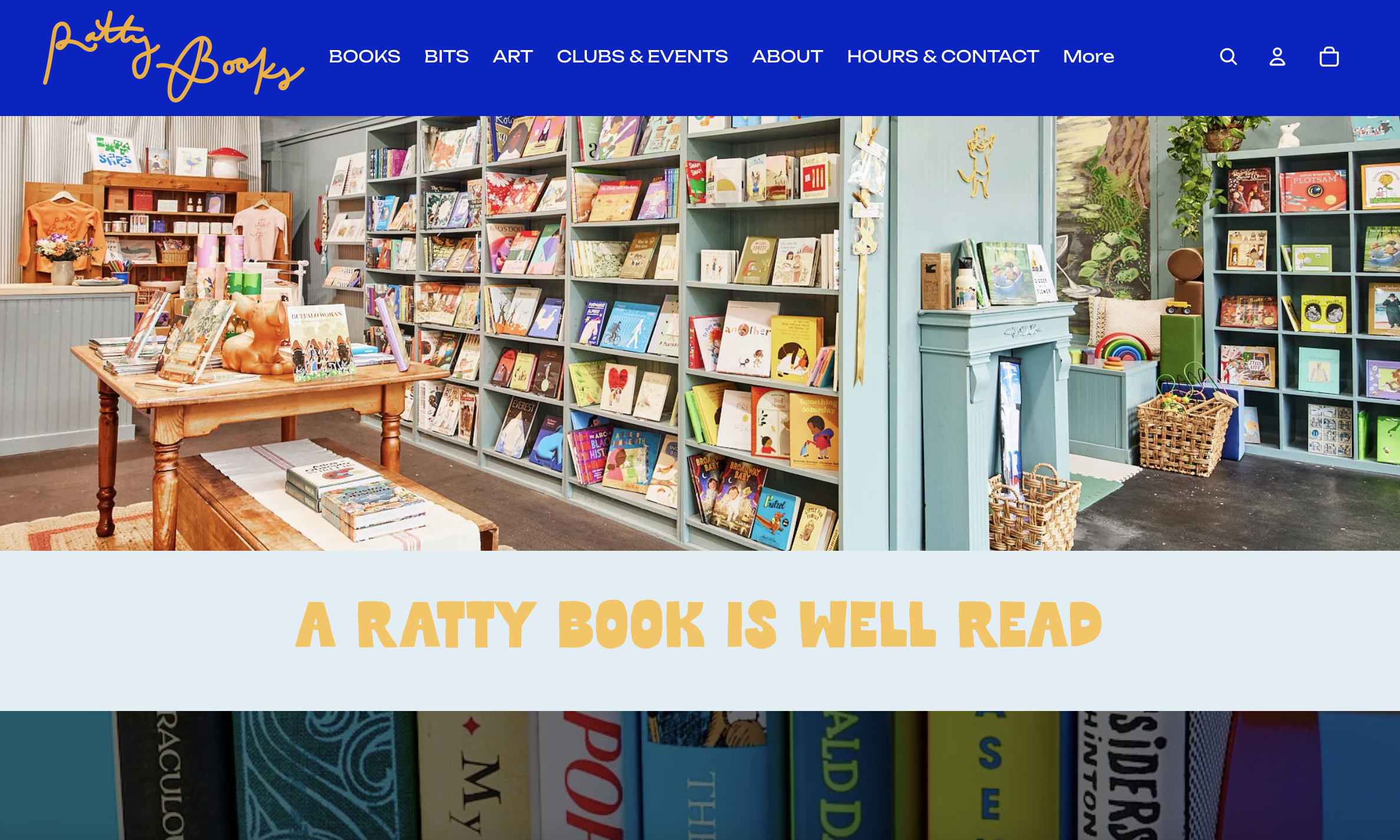 Screenshot of a bookstore website called 'Rotty Books' with navigation menu and a bookshelf filled with children's books, toys, and decor items.
